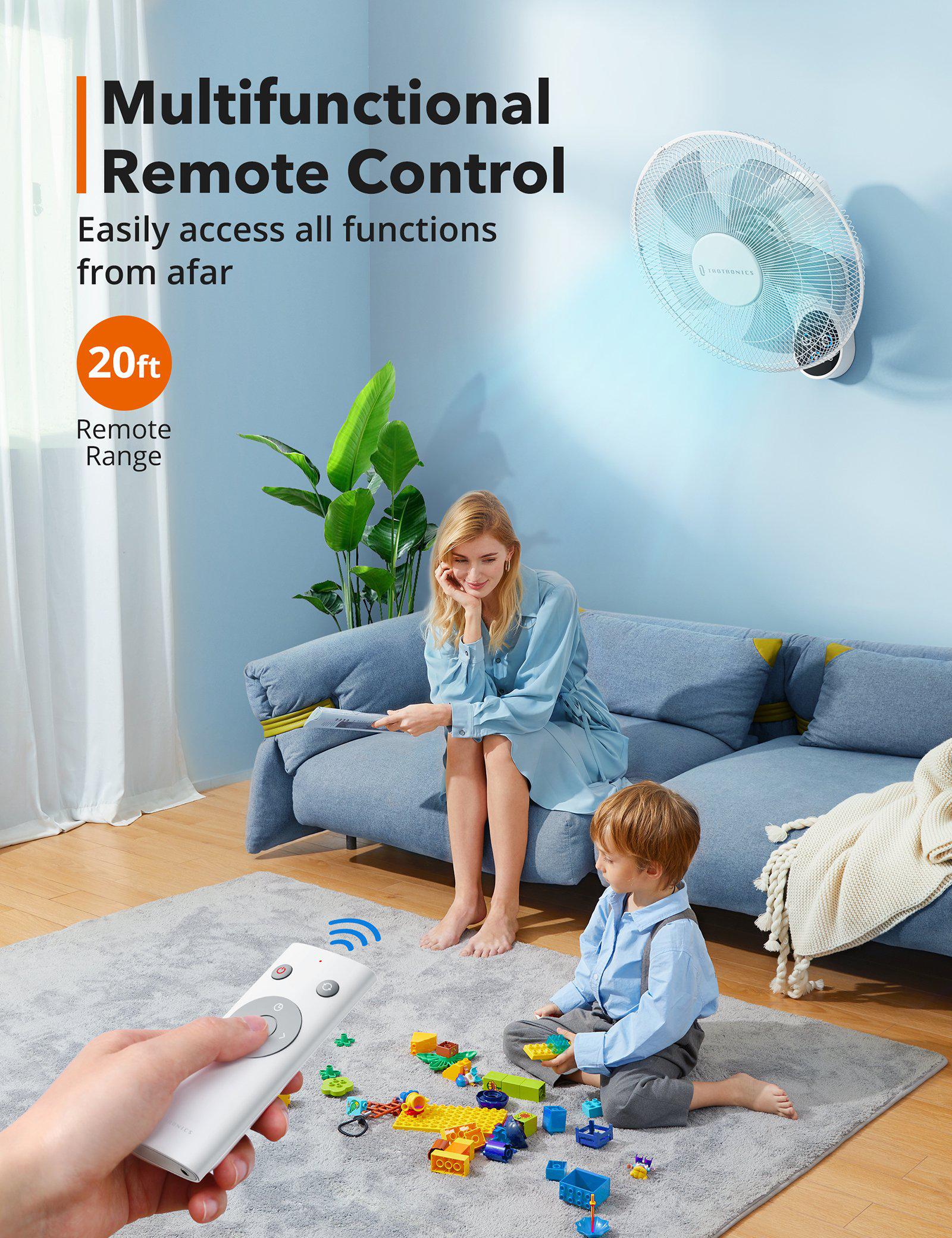 TaoTronics Wall Mount Fan TT-TF011, 16"5 Blades 5 Speeds Electric Fan with Remote Control White WM