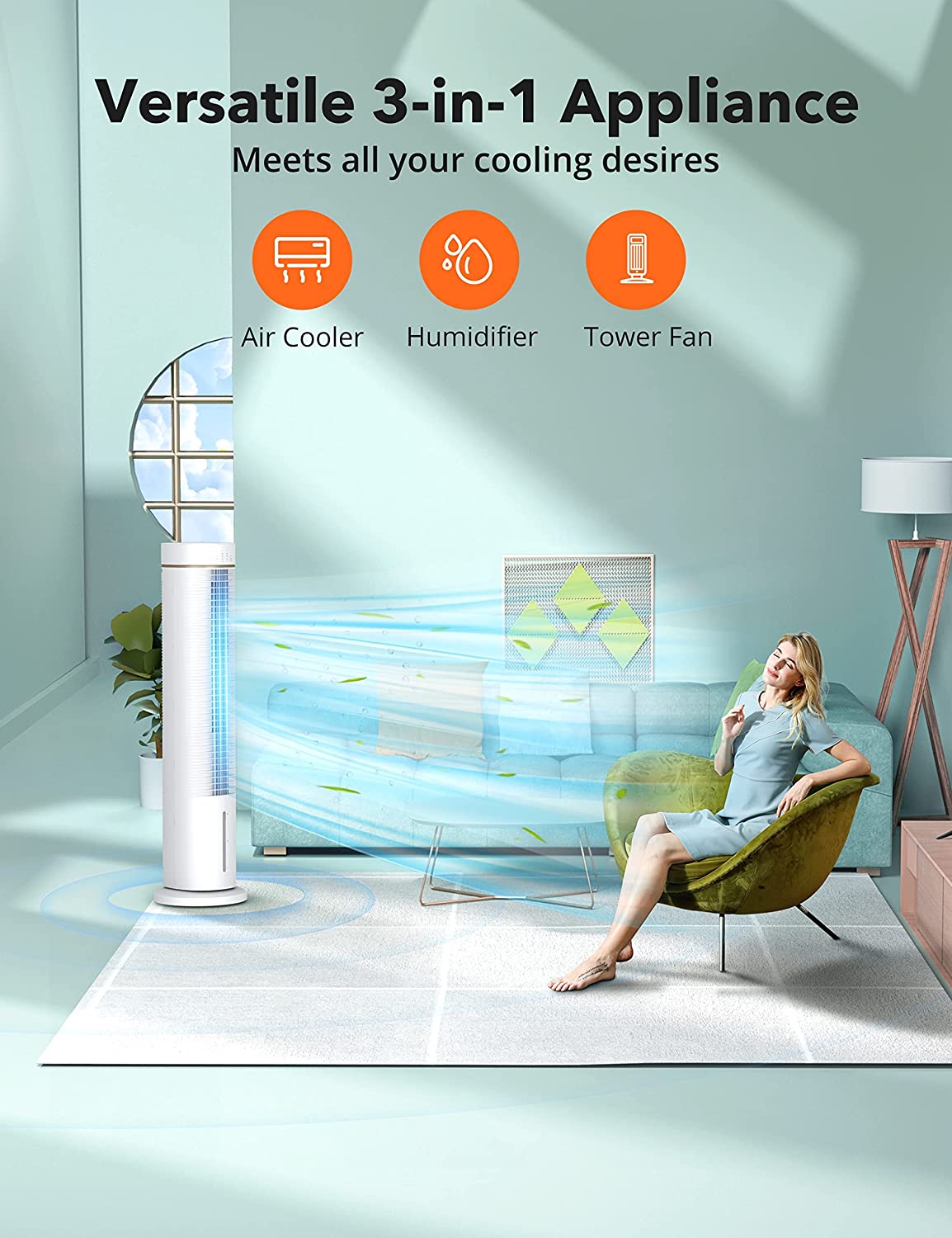 versatile 3-in-1 appliance,meets all your cooling desires,air cooler ,humidifier,tower fan.