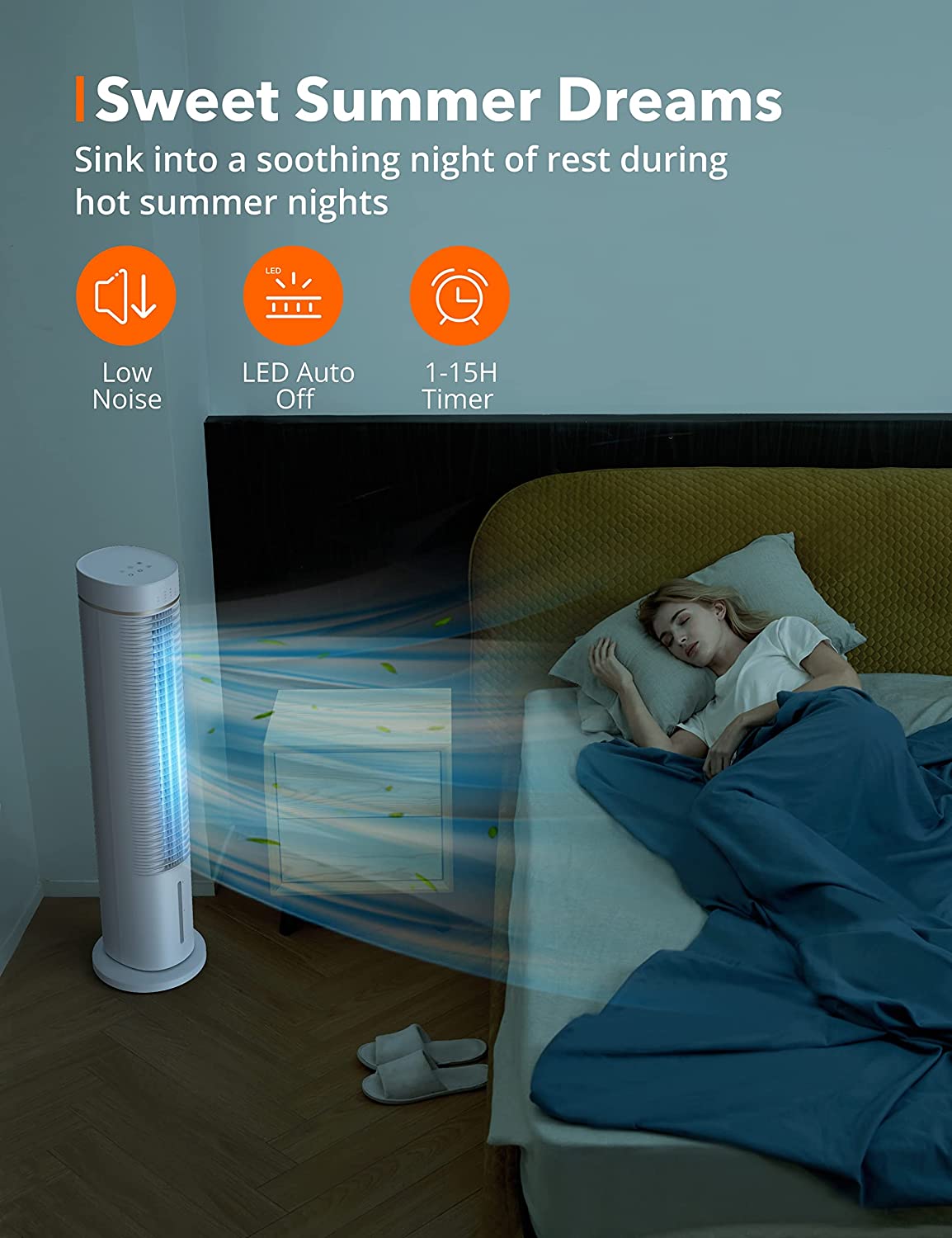 sweet summer dreams, sink into a soothing night of rest during hot summer nights,low noise,led auto off,1-15h timer.
