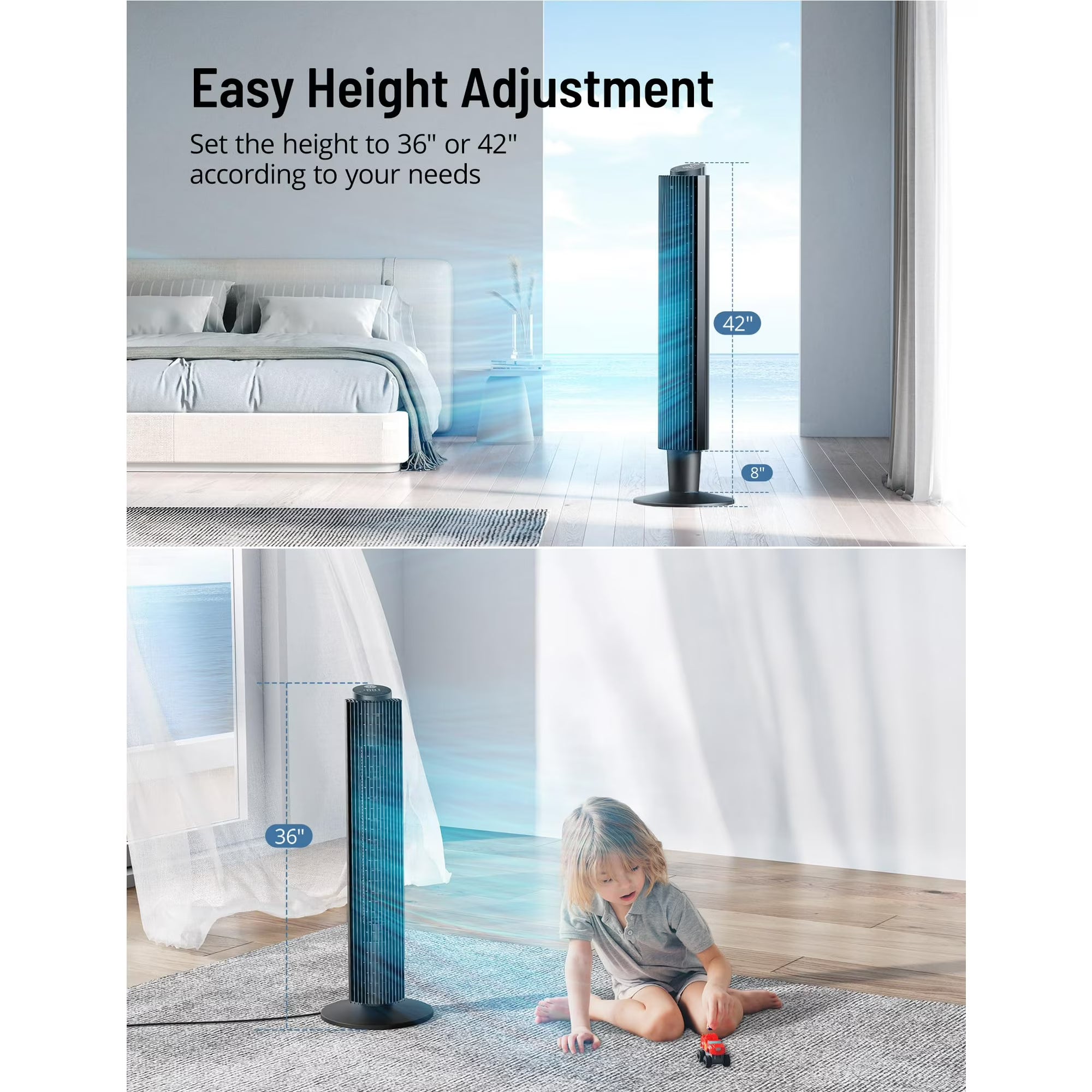 TaoTronics Tower Fan, 42'' 90° Oscillating Quiet Standing Bladeless Fans with Remote, 25 ft/s Velocity, Height Adjustable, 5 Speeds 3 Modes, 12H Timer, Floor Fans for Bedroom, Home, Room