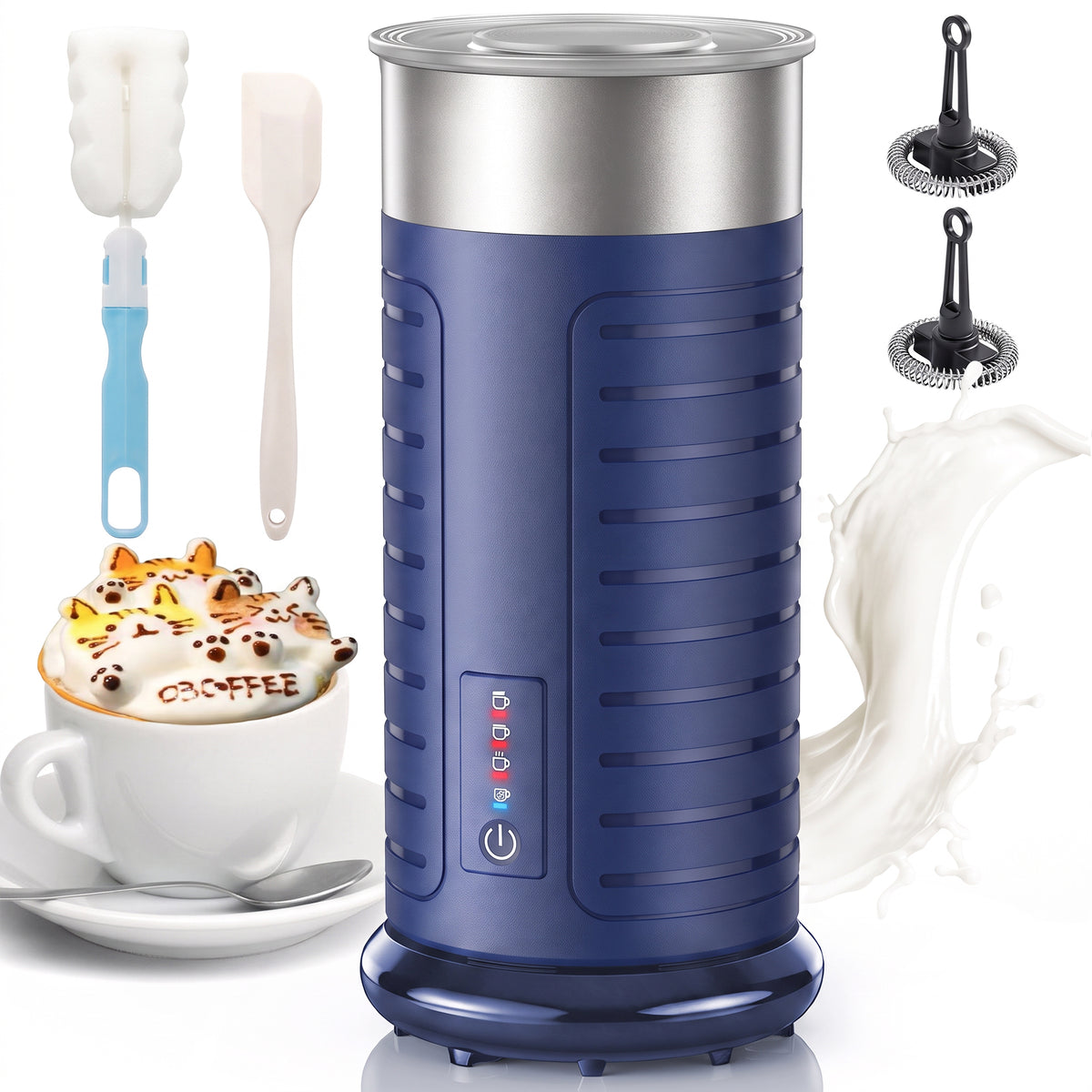 Stainless Steel MF017 Milk Frother, Waterproof & Fully Dishwasher Safe, 4 Modes for Hot/Cold Foam, Latte, Cappuccino, One-Touch Operation, Ergonomic Grip, Compact Coffee Maker