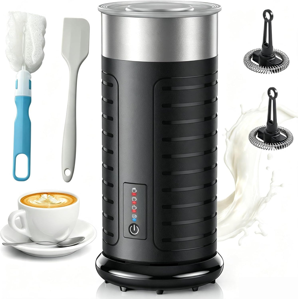 PARIS RHÔNE Waterproof Milk Frother, Electric 4-in-1 Hot/Cold Foam Maker, Dishwasher Safe | Milk Steamer & Warmer for Latte Cappuccino | 2 Whisks | Auto Shut-Off | Stainless Steel