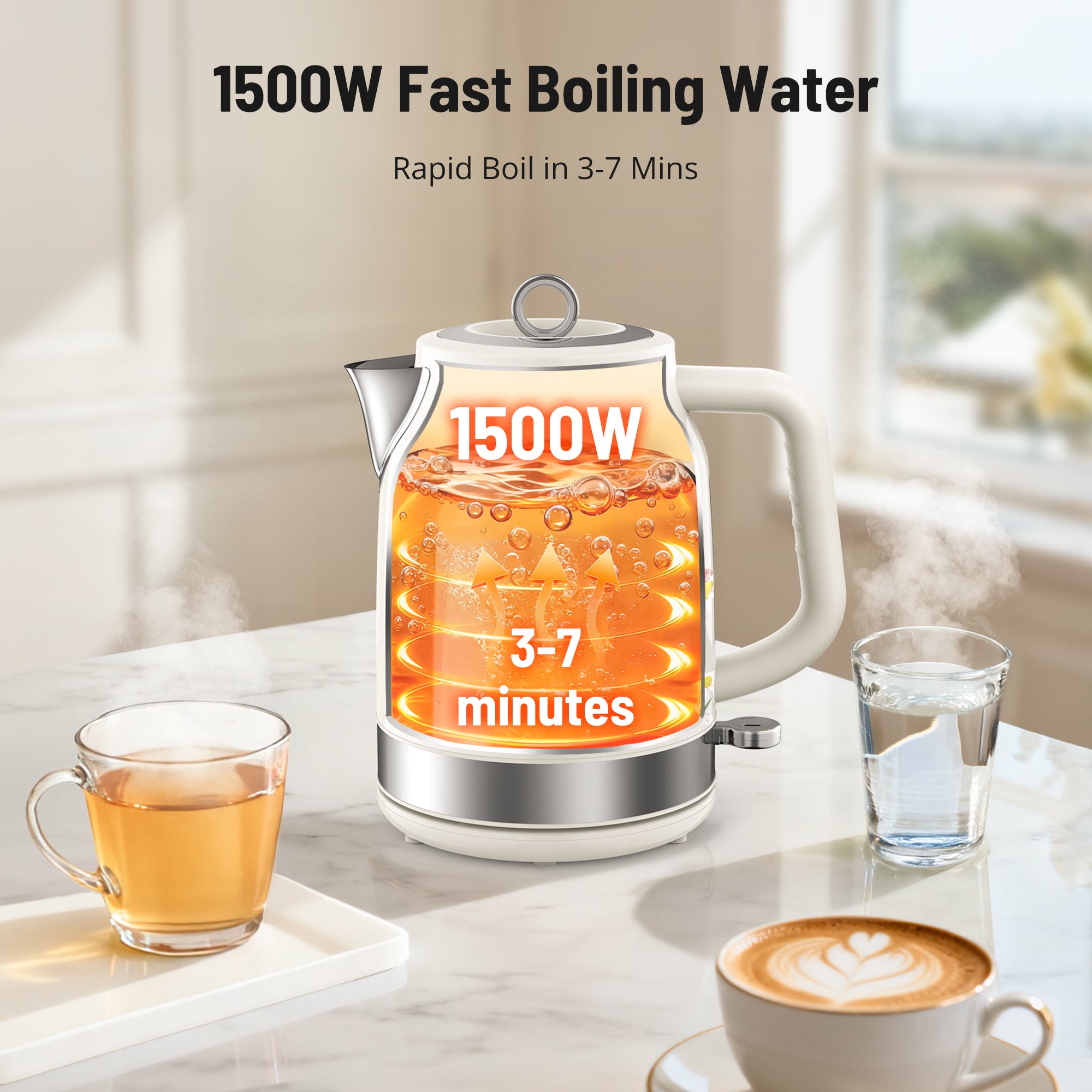 Electric Kettle, 1500W Hot Tea Kettle with Thermometer, Fast Heating, Cordless Design, LED Indicator, Auto Shut-Off & Boil Dry Protection