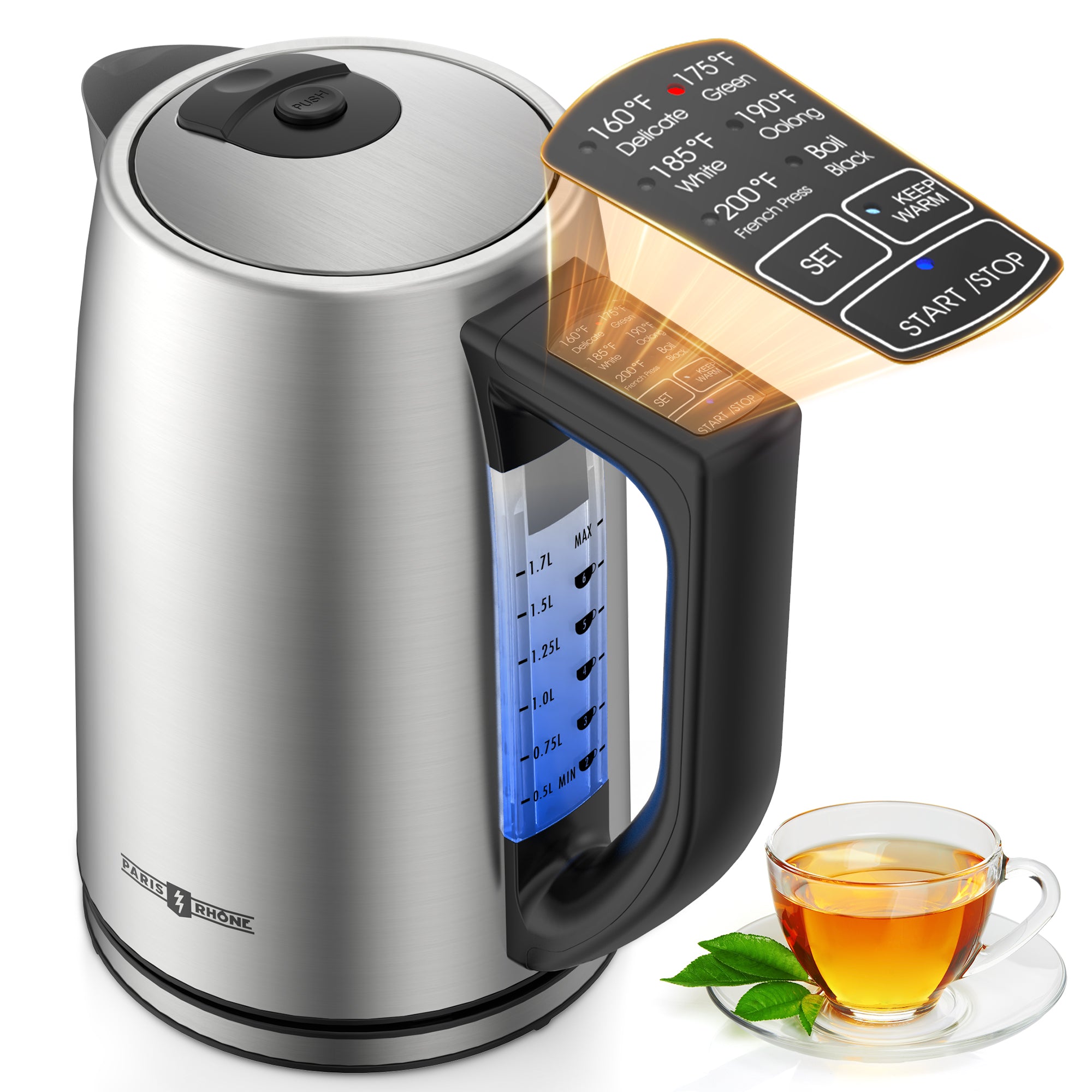 Paris Rhône Electric Kettle, Tea Kettle with 6 Temperature Settings, 1.7L Cordless Hot Water Boiler Heater, Strix Thermostat, Touch Control, Auto-Shutoff/Boil-Dry Protection, Keep Warm