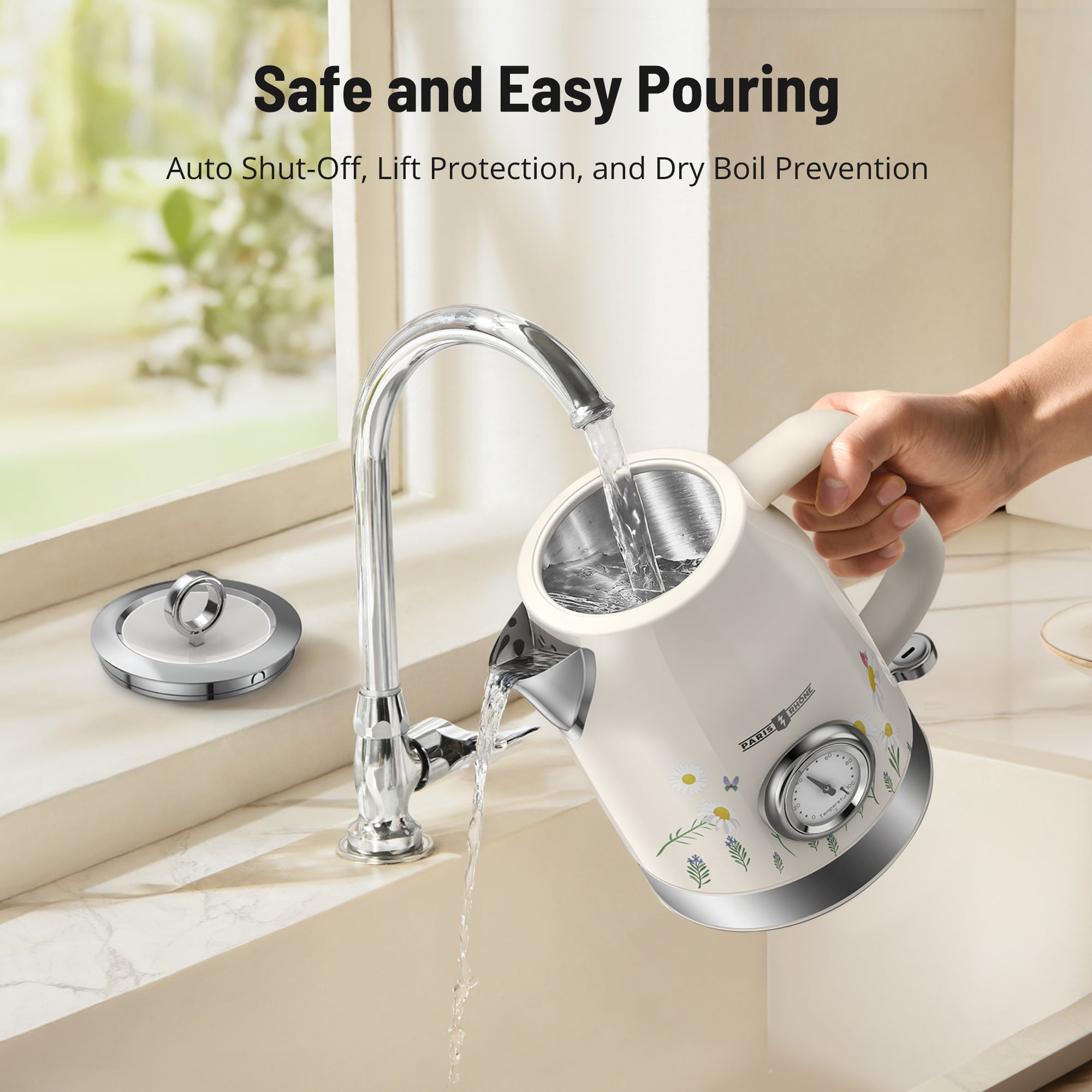 Electric Kettle, 1500W Hot Tea Kettle with Thermometer, Fast Heating, Cordless Design, LED Indicator, Auto Shut-Off & Boil Dry Protection