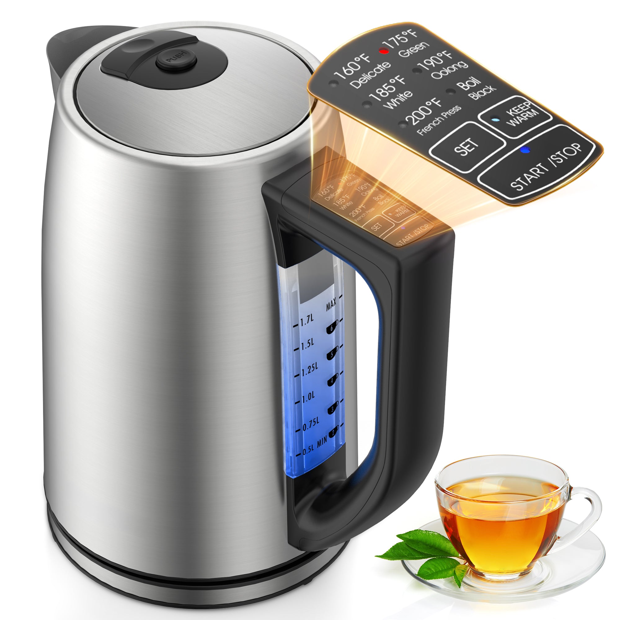 Airyoyo Electric Kettle Temperature Control, 1.7L Stainless Steel Electric Tea Kettle with 6 Presets, 1500W Fast Boiling Hot Water Kettle Electric, Keep Warm, Auto Shut Off, Boil Dry Protection