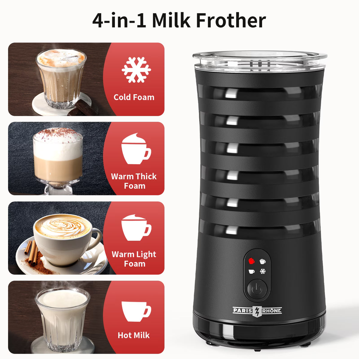 Milk Frother, TaoTronics 4-in-1 Electric Coffee Frother, Non-Slip Stylish Design, Hot & Cold Milk Steamer with Temperature Control, Auto Shut-Off for Latte, Cappuccino, Macchiato