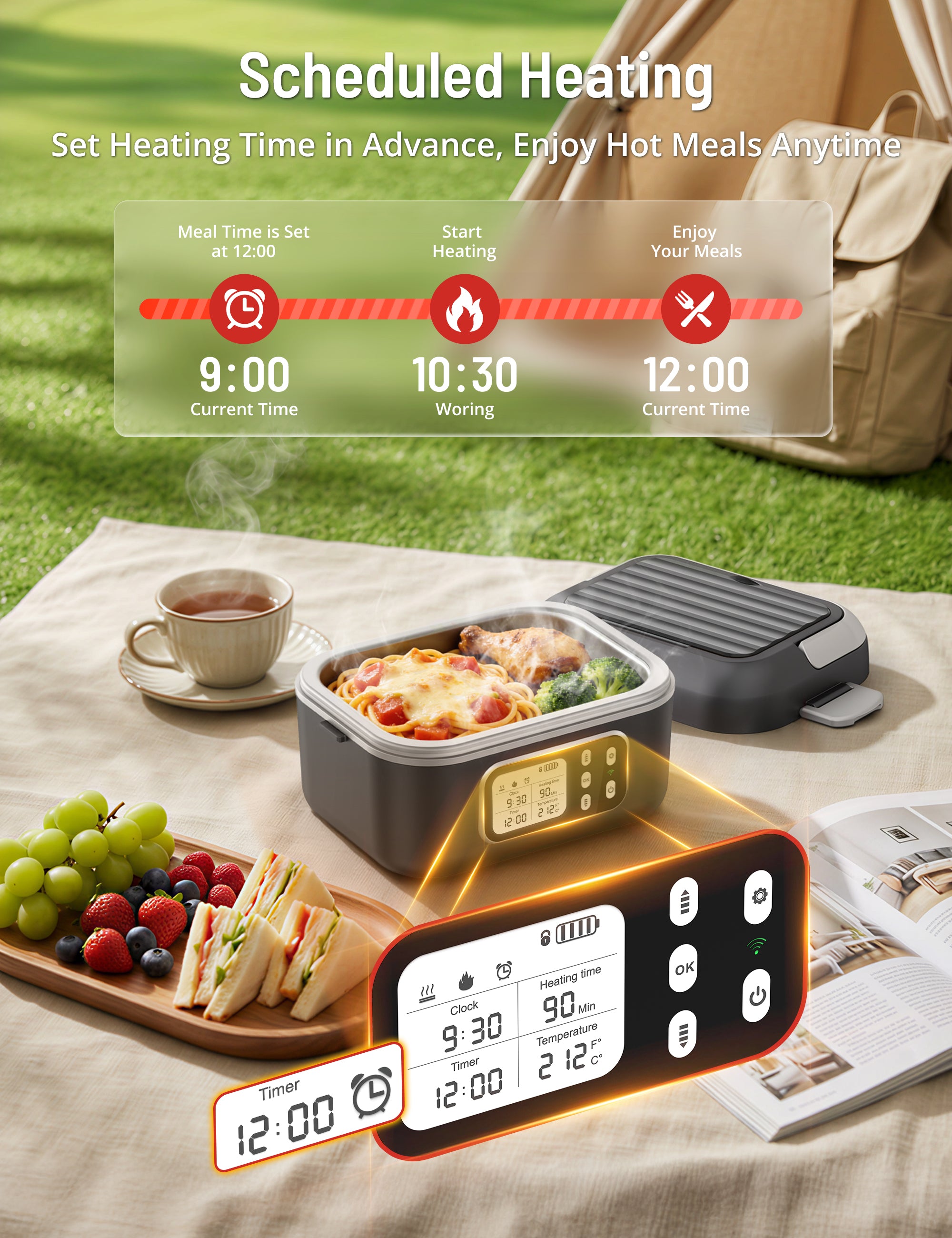PARIS RHÔNE Cordless Electric Lunch Box for Adults, Heated Lunch Box Battery Powered with Automatic Heating, 6 Cups Portable Food Warmer with Removable Tray Divider