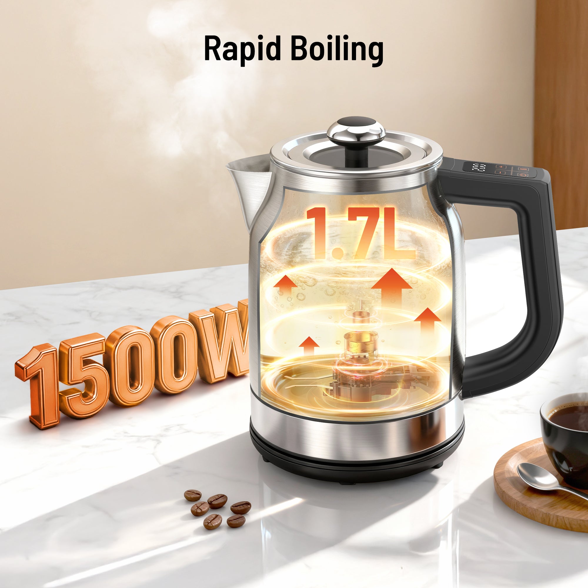Paris Rhône EK024 Stainless Steel Electric Kettle, 1.7L 1500W Kettle with 13 Temperature Settings, Strix Thermostat, LED Display&Touch Control, Auto Shut-Off Protection, Boil Dry Protection