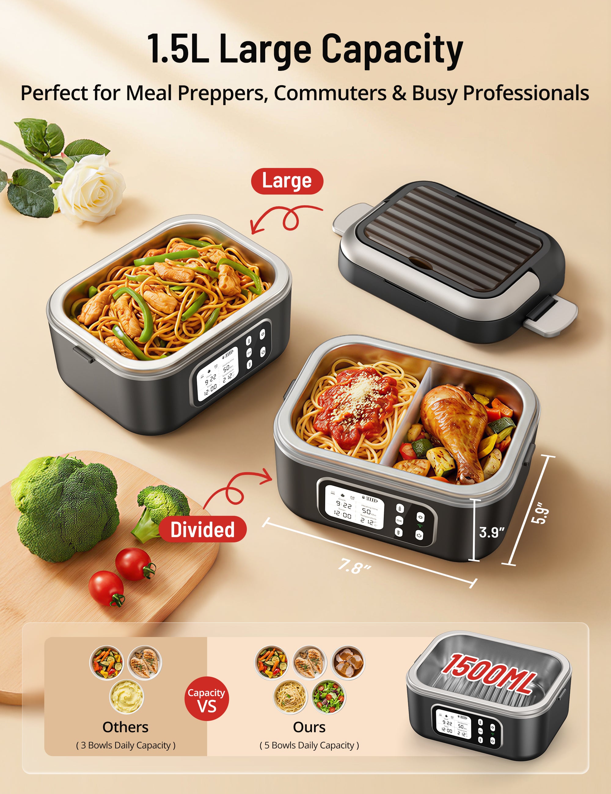 PARIS RHÔNE Cordless Electric Lunch Box for Adults, Heated Lunch Box Battery Powered with Automatic Heating, 6 Cups Portable Food Warmer with Removable Tray Divider