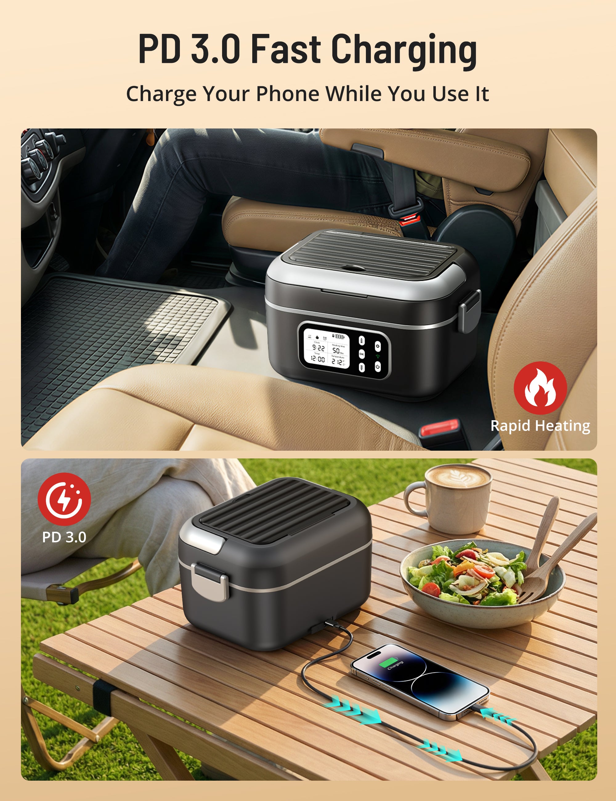 PARIS RHÔNE Cordless Electric Lunch Box for Adults, Heated Lunch Box Battery Powered with Automatic Heating, 6 Cups Portable Food Warmer with Removable Tray Divider
