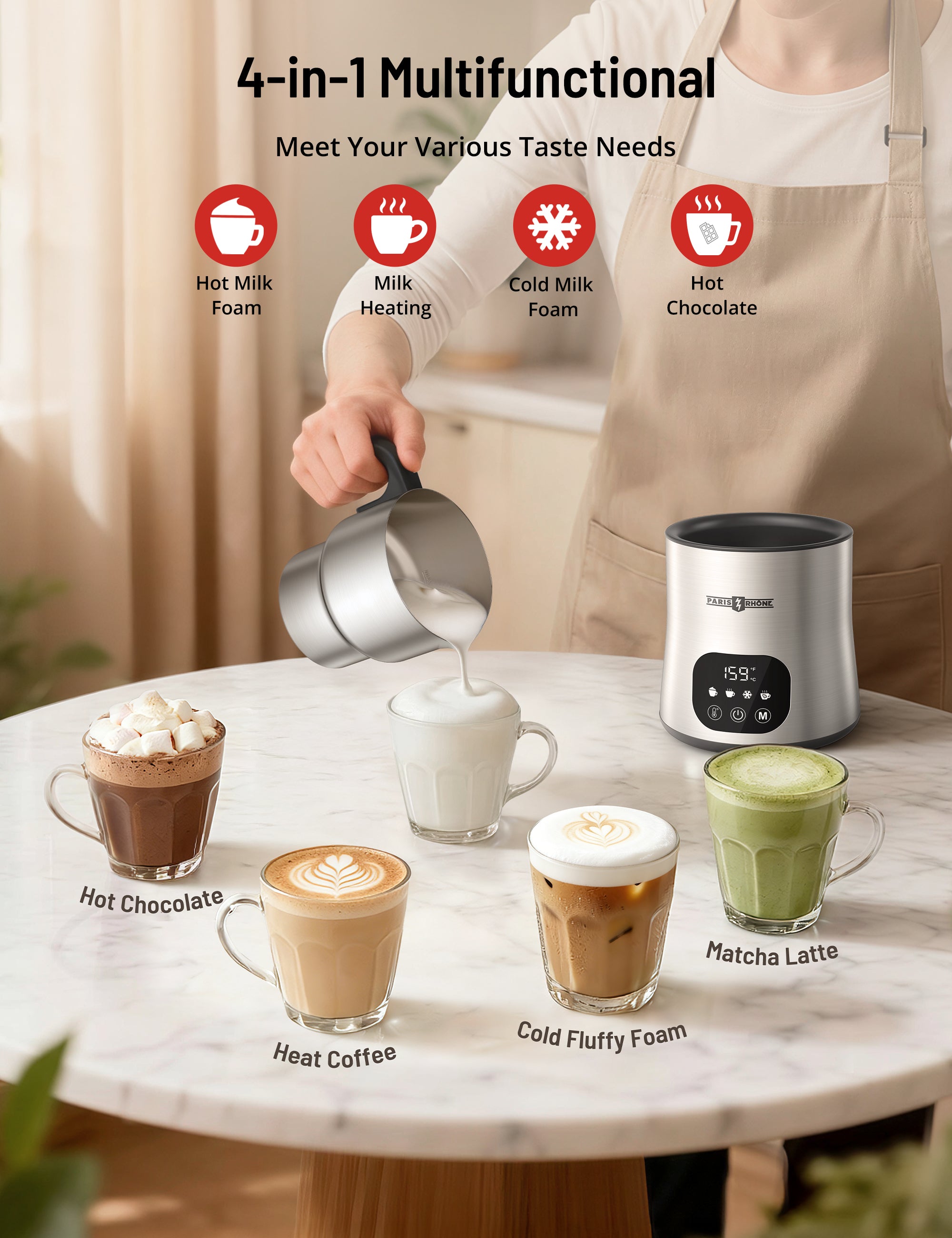 Milk Frother and Steamer, PARIS RHÔNE 4 in 1 Variable Temp Milk Steamer, 650ml Smart Touch Control Milk Warmer, Dishwasher Safe, Memory Function for Latte & Hot Chocolate