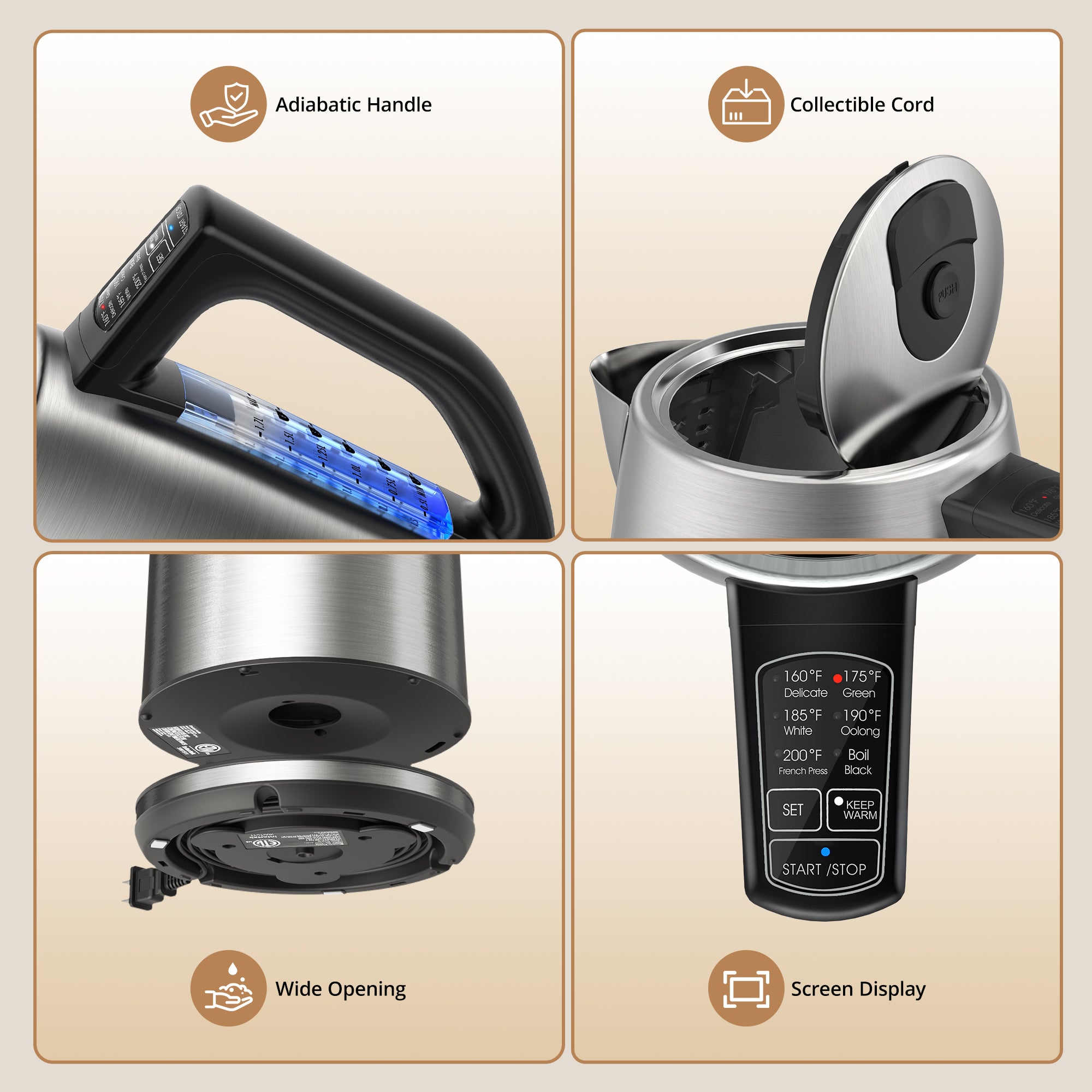 Paris Rhône Electric Kettle, Tea Kettle with 6 Temperature Settings, 1.7L Cordless Hot Water Boiler Heater, Strix Thermostat, Touch Control, Auto-Shutoff/Boil-Dry Protection, Keep Warm