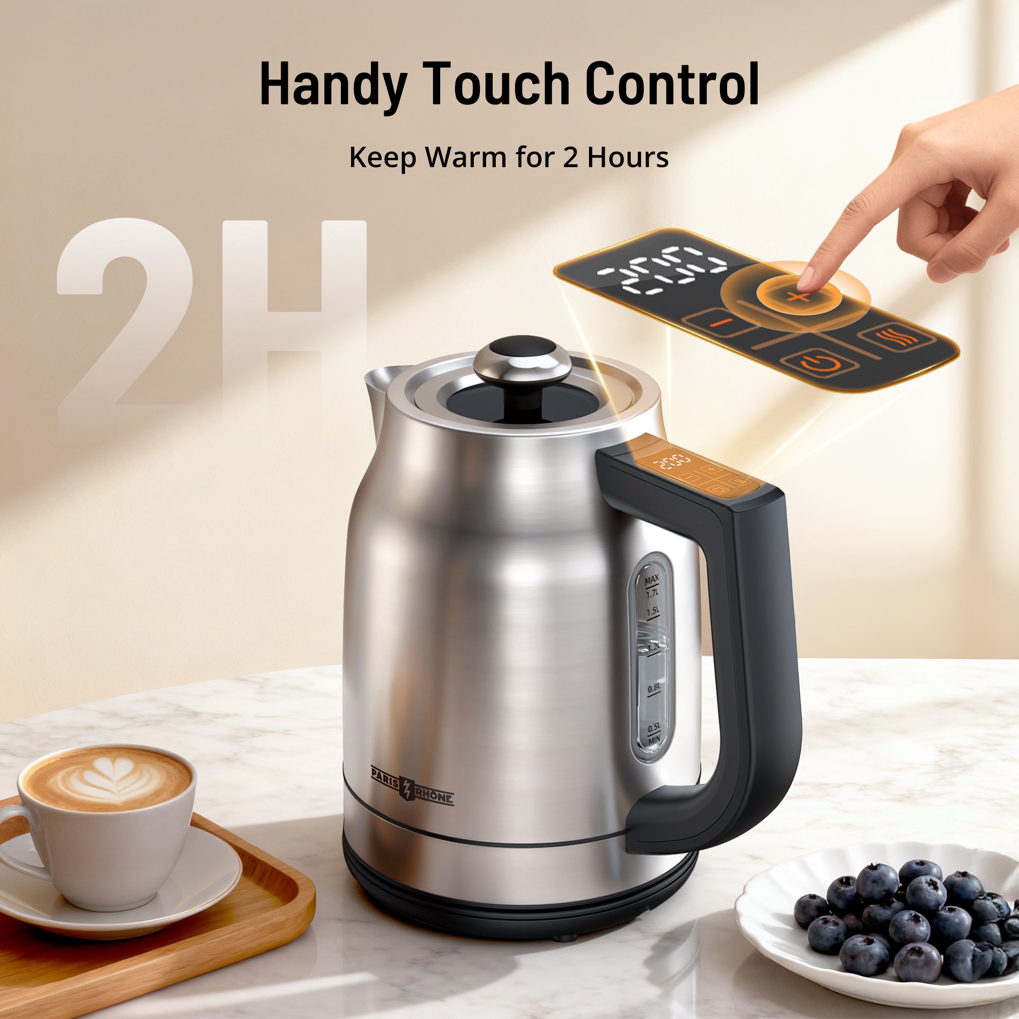 Paris Rhône EK024 Stainless Steel Electric Kettle, 1.7L 1500W Kettle with 13 Temperature Settings, Strix Thermostat, LED Display&Touch Control, Auto Shut-Off Protection, Boil Dry Protection