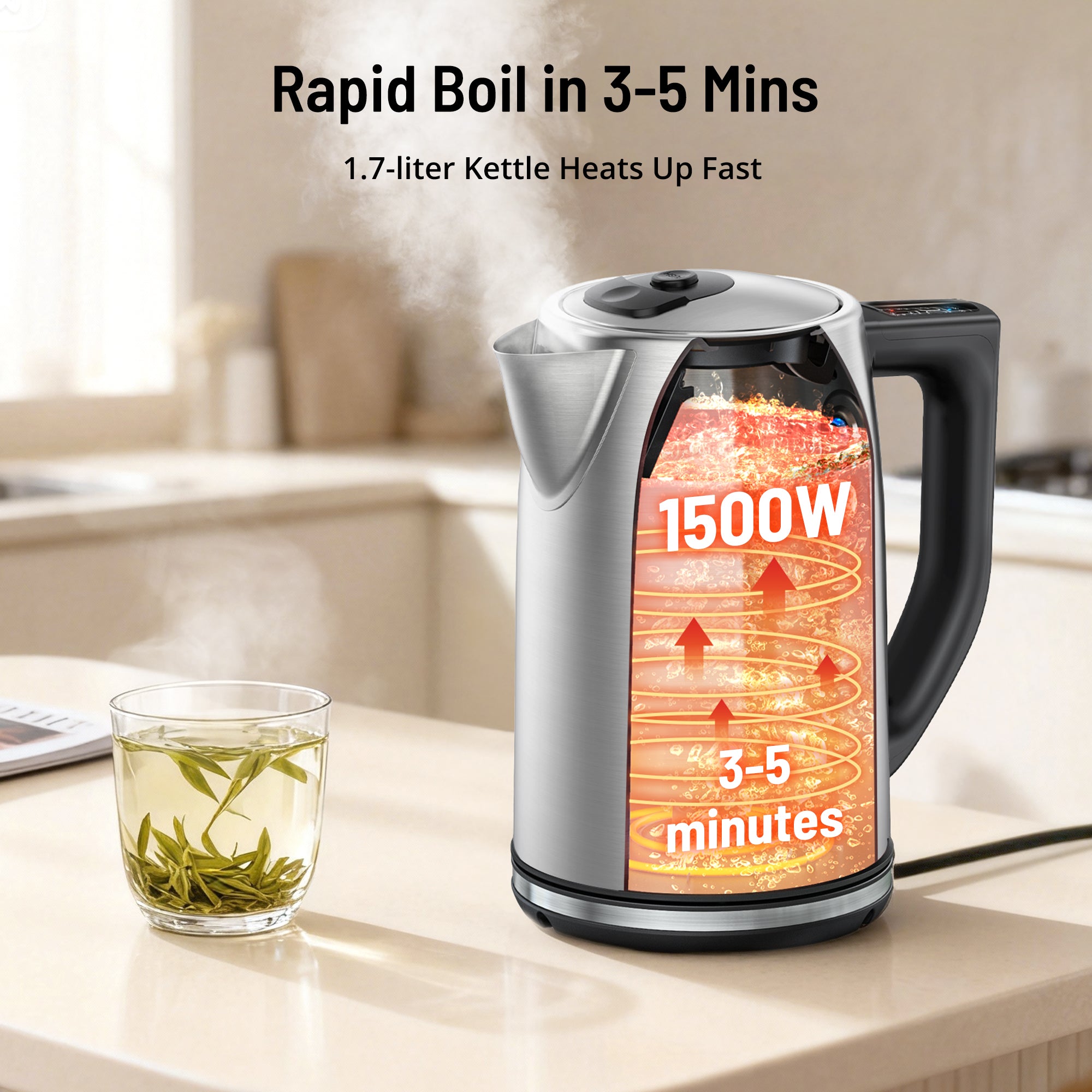 Paris Rhône Electric Kettle, Tea Kettle with 6 Temperature Settings, 1.7L Cordless Hot Water Boiler Heater, Strix Thermostat, Touch Control, Auto-Shutoff/Boil-Dry Protection, Keep Warm