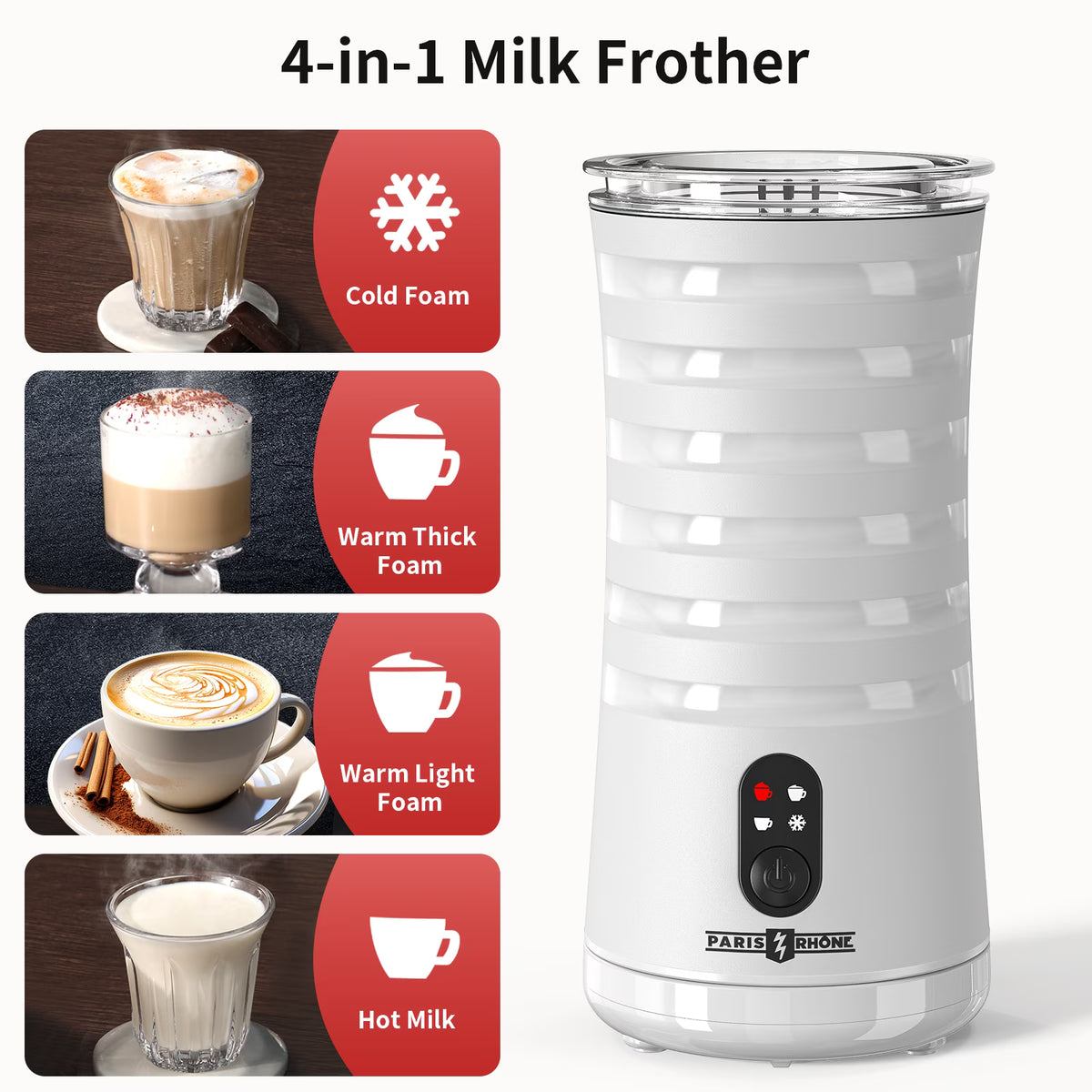 Milk Frother, TaoTronics 4-in-1 Electric Coffee Frother, Non-Slip Stylish Design, Hot & Cold Milk Steamer with Temperature Control, Auto Shut-Off for Latte, Cappuccino, Macchiato