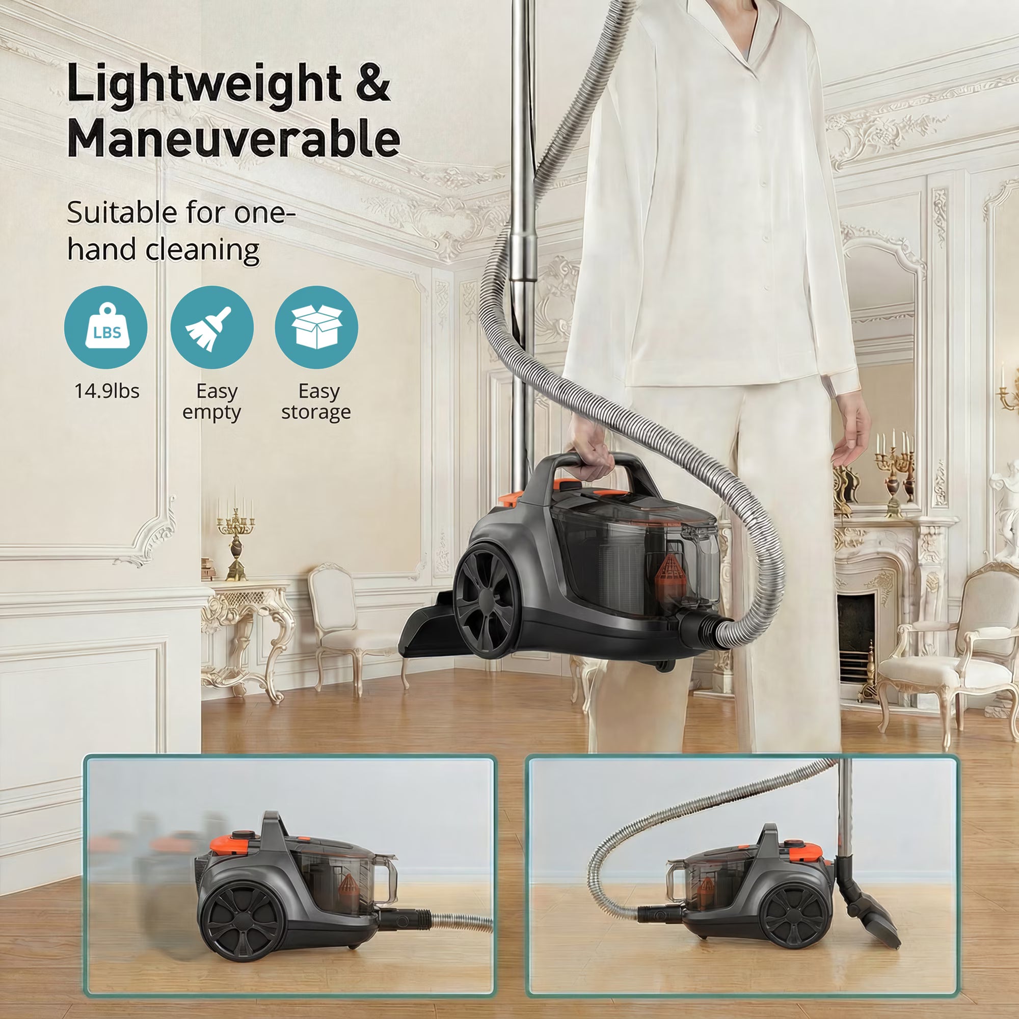 TaoTronics Canister Vacuum Cleaner, 30Kpa Powerful Suction, Bagless with 3.7QT Large Dust Cup, Auto Cord Rewind, HEPA Filter, 5 Attachments, Lightweight Vacuum for Pet Hair, Hard Floors & Car