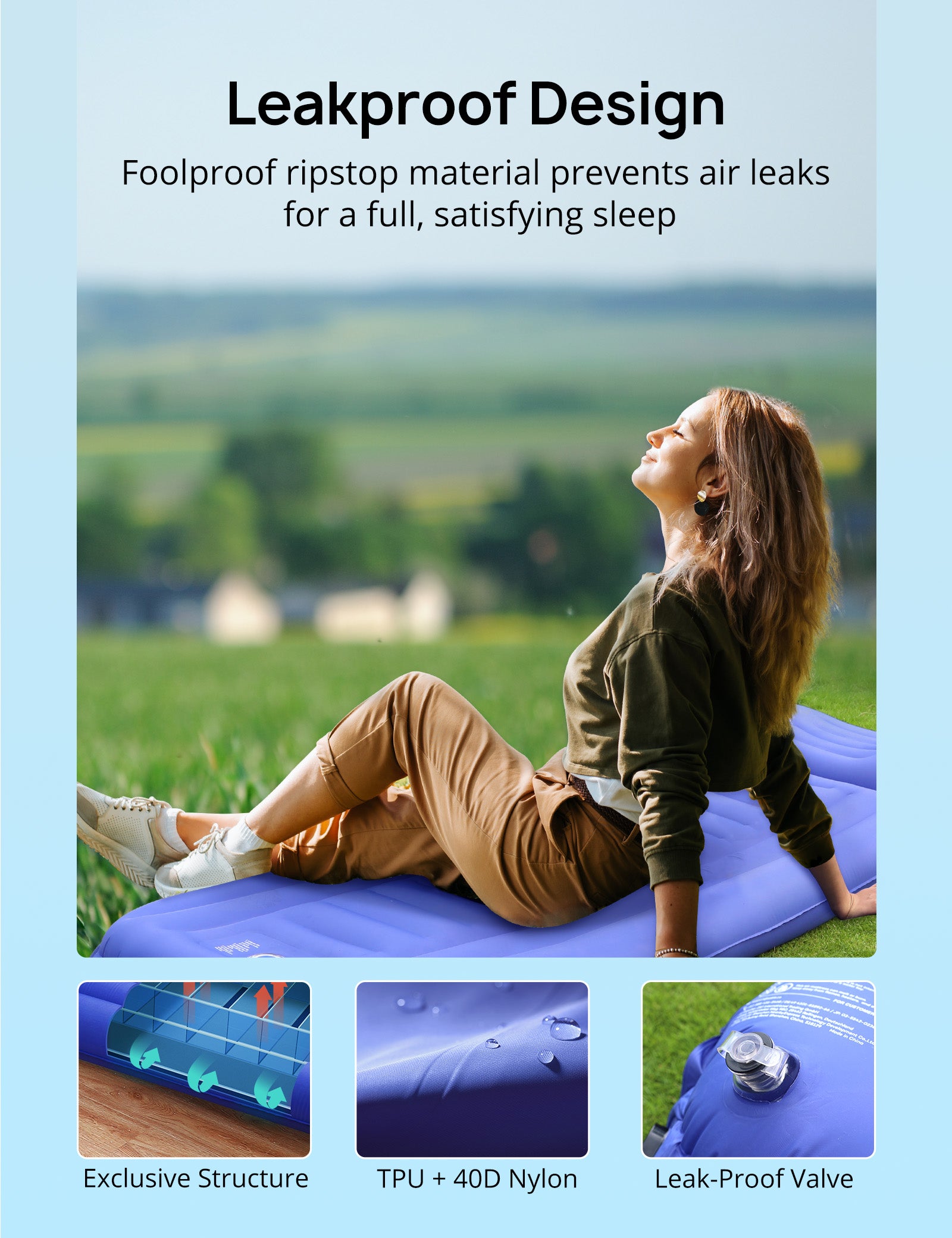 Inflatable Sleeping Pad, Foldable Camping Mat Air Mattress with Integrated Pillow, Built-in Inflator