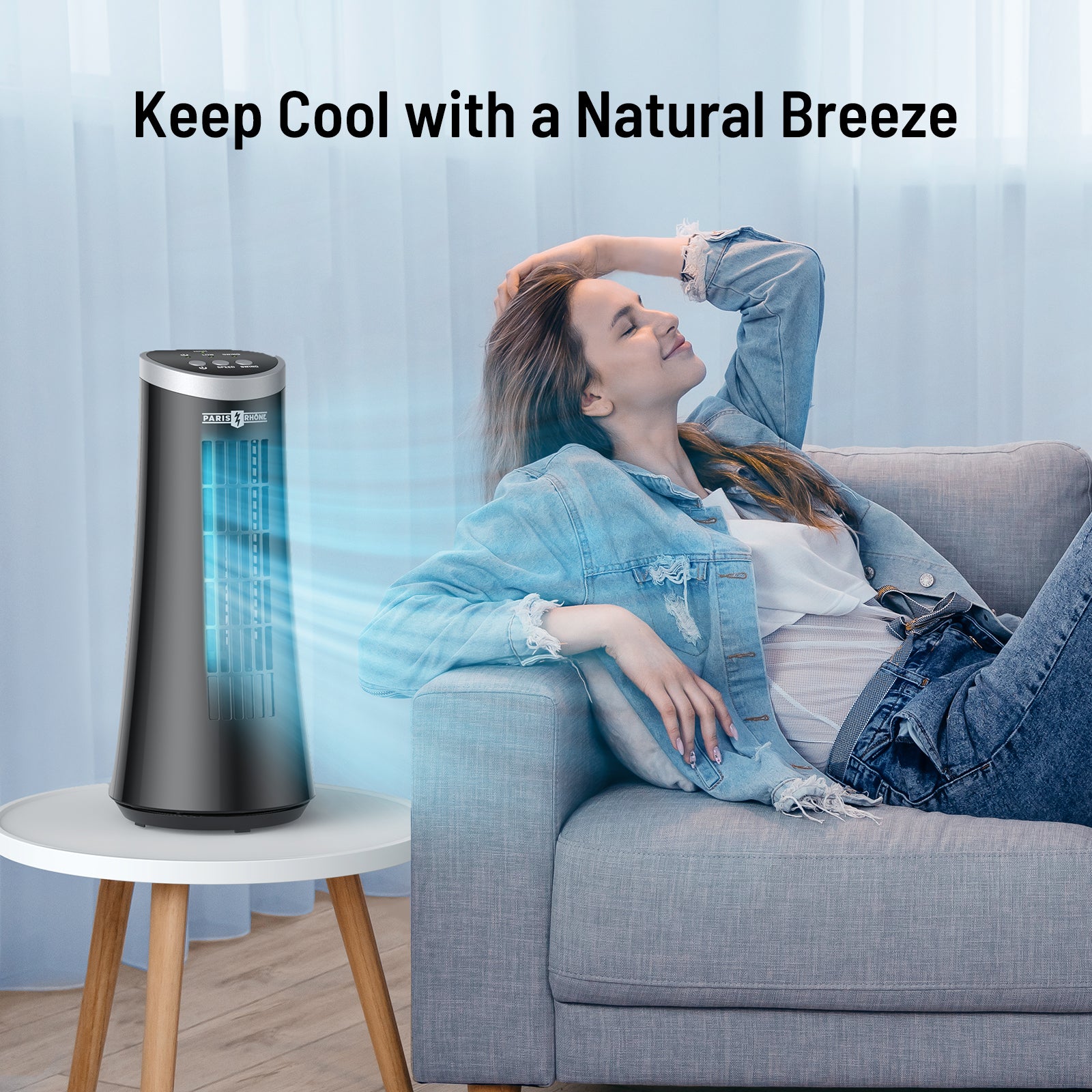 Paris Rhône Tower Fan, 12” Bladeless Desk Fan with 2 Speeds, 75° Oscillation, Carrying Handle, Electric Portable Table Cooling Fan for Home Office Bedroom Nightstand