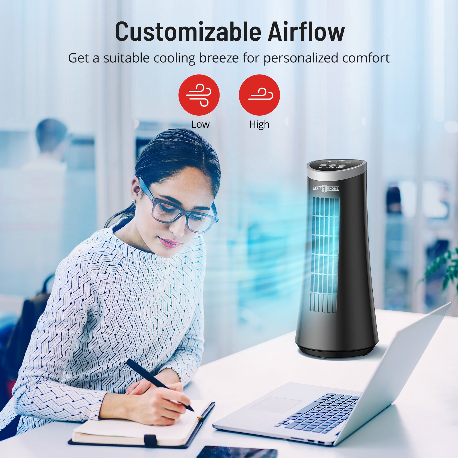 Paris Rhône Tower Fan, 12” Bladeless Desk Fan with 2 Speeds, 75° Oscillation, Carrying Handle, Electric Portable Table Cooling Fan for Home Office Bedroom Nightstand