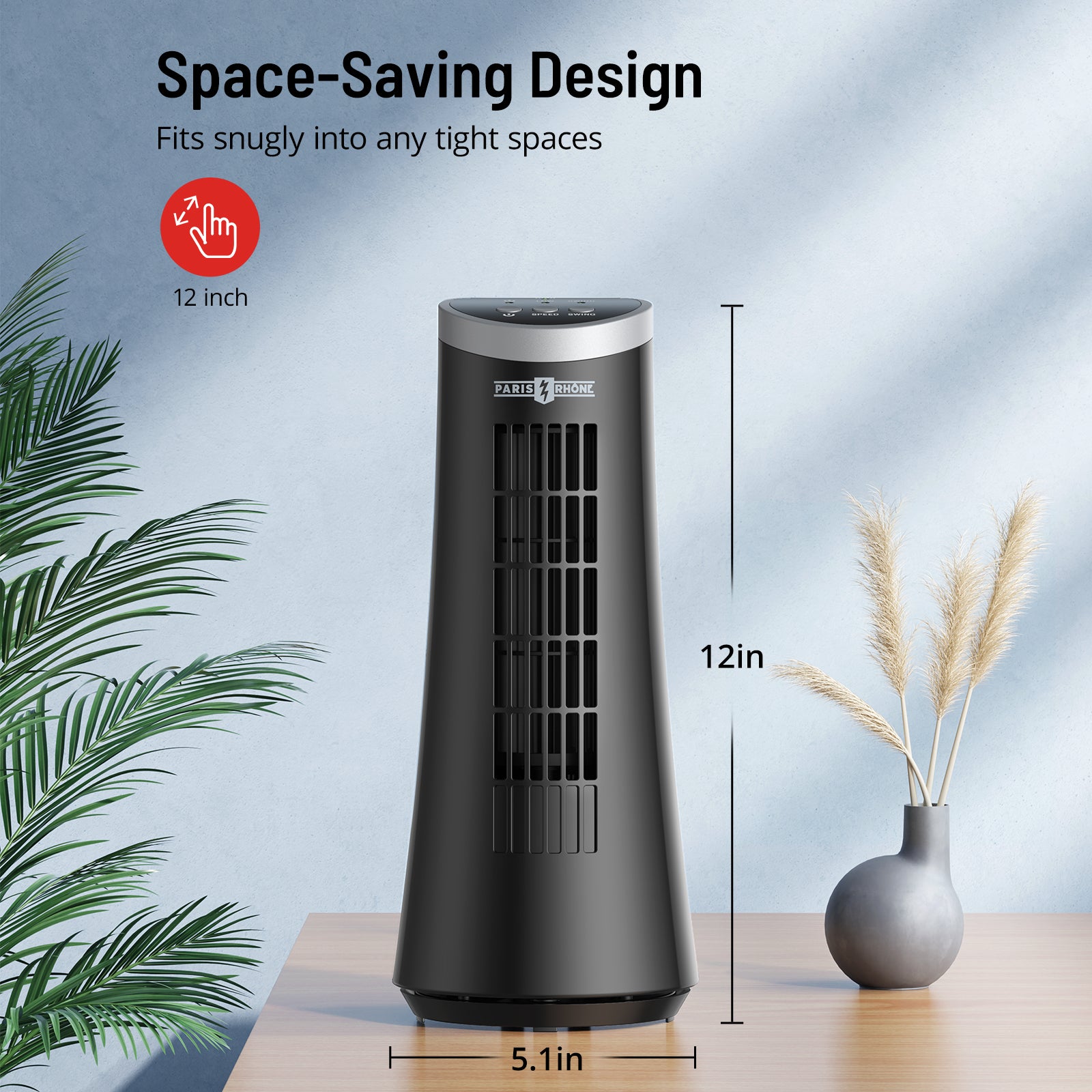 Paris Rhône Tower Fan, 12” Bladeless Desk Fan with 2 Speeds, 75° Oscillation, Carrying Handle, Electric Portable Table Cooling Fan for Home Office Bedroom Nightstand