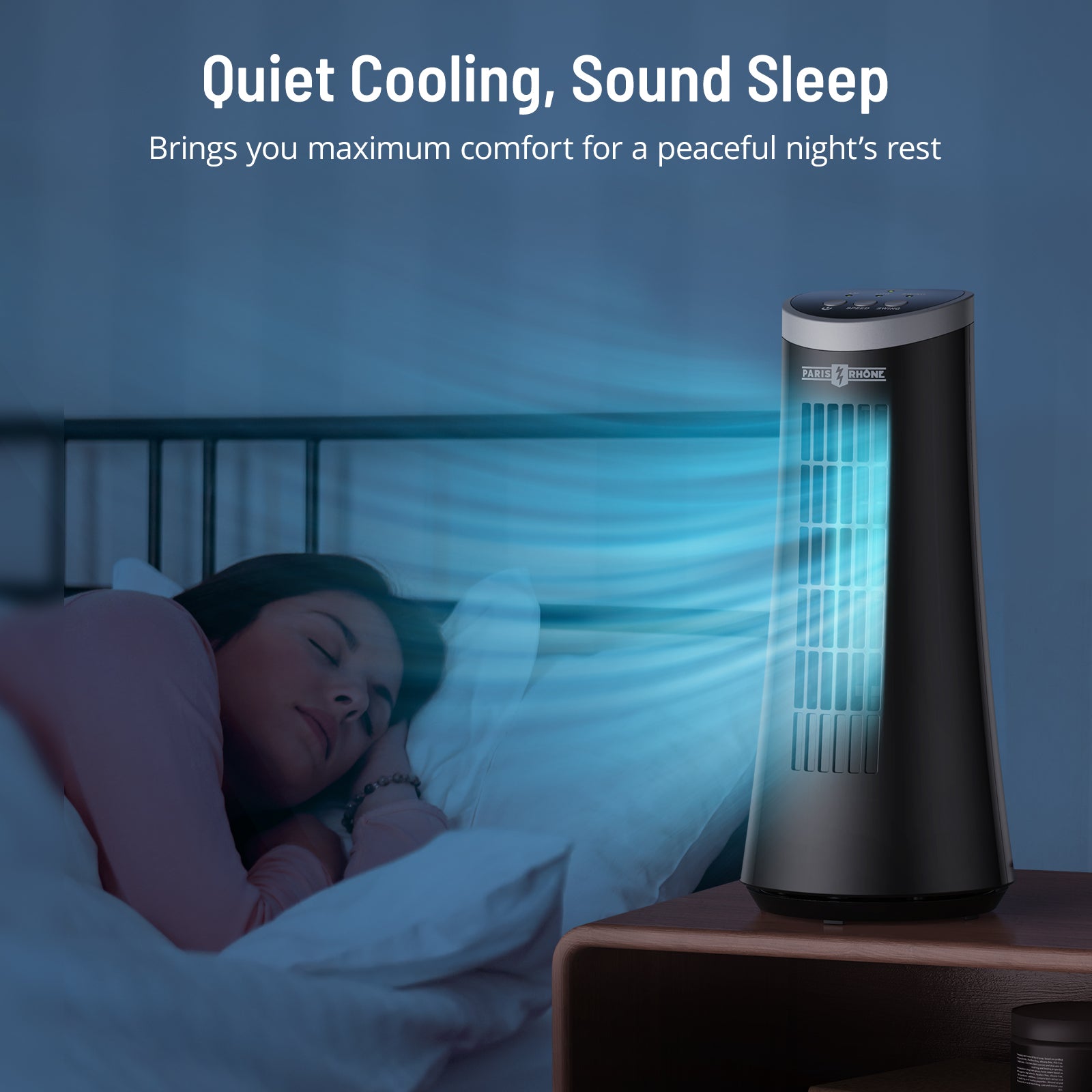 Paris Rhône Tower Fan, 12” Bladeless Desk Fan with 2 Speeds, 75° Oscillation, Carrying Handle, Electric Portable Table Cooling Fan for Home Office Bedroom Nightstand