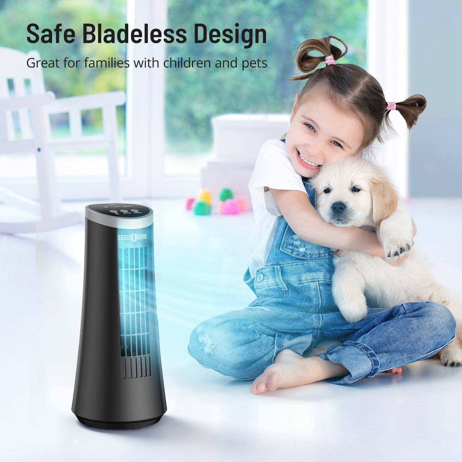 Paris Rhône Tower Fan, 12” Bladeless Desk Fan with 2 Speeds, 75° Oscillation, Carrying Handle, Electric Portable Table Cooling Fan for Home Office Bedroom Nightstand