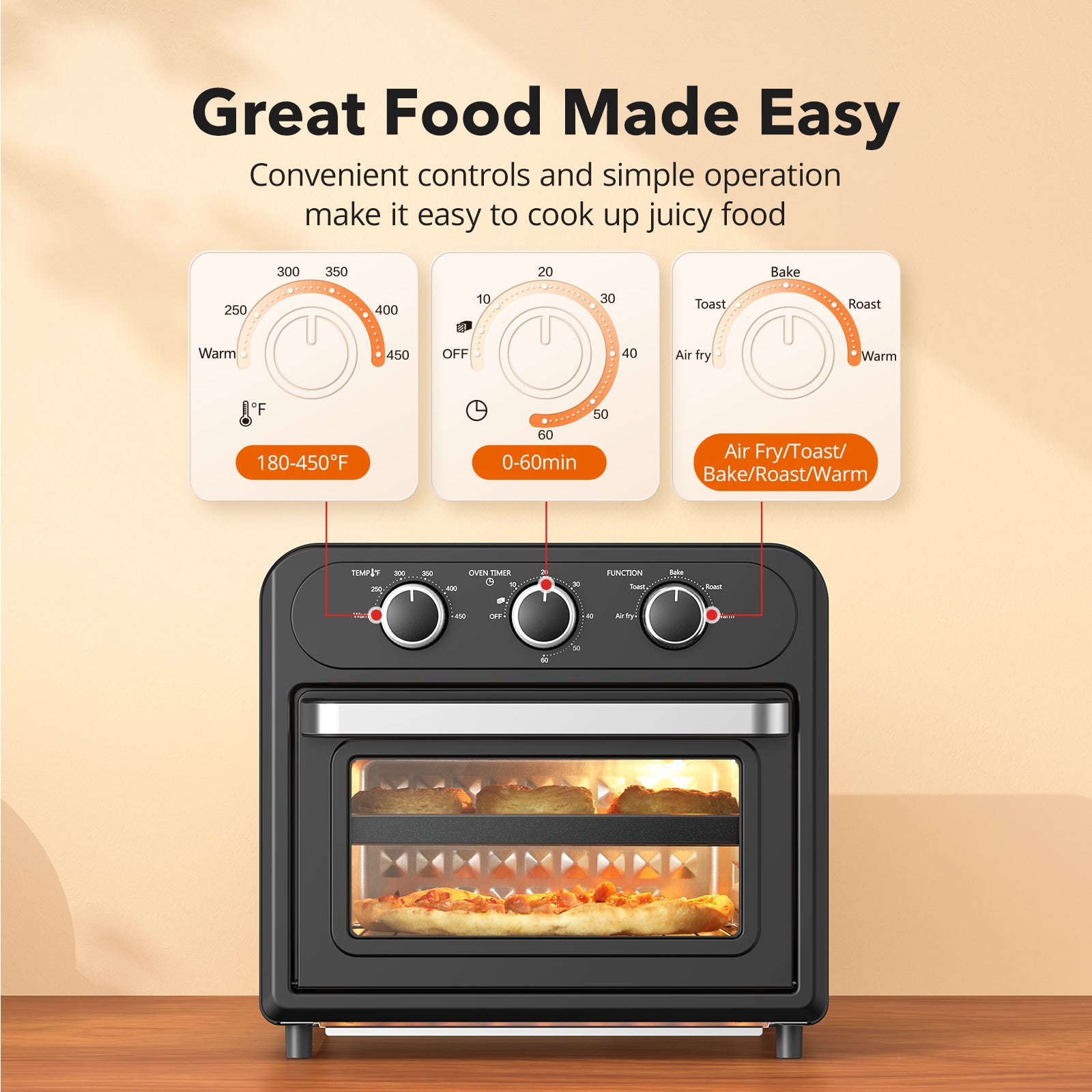 TT-AF010 Air Fryer, 1700W 14.8 Quart, 5 in 1 Toaster Oven Countertop, Oil-Less Cooking, Stainless Steel, Black