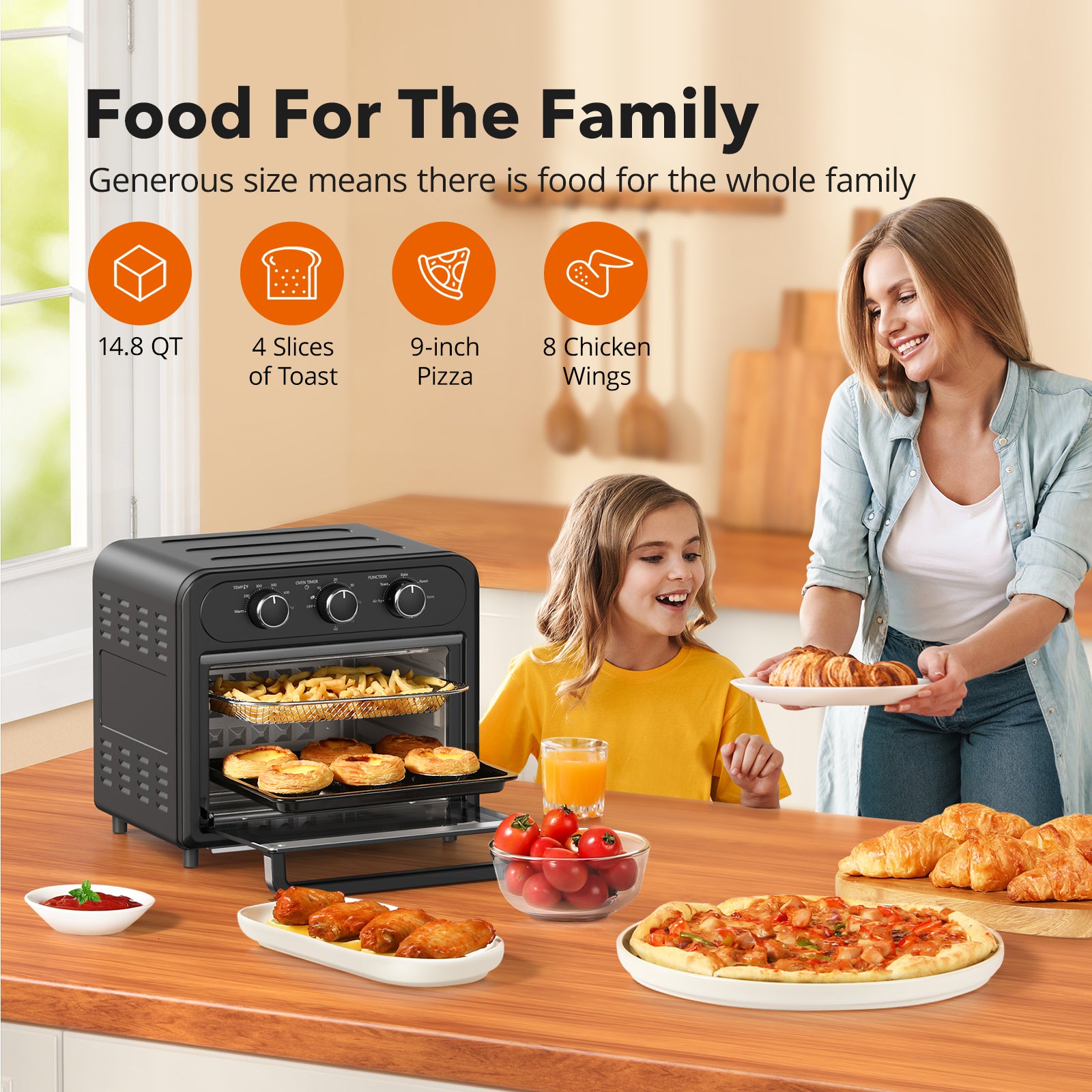 TT-AF010 Air Fryer, 1700W 14.8 Quart, 5 in 1 Toaster Oven Countertop, Oil-Less Cooking, Stainless Steel, Black