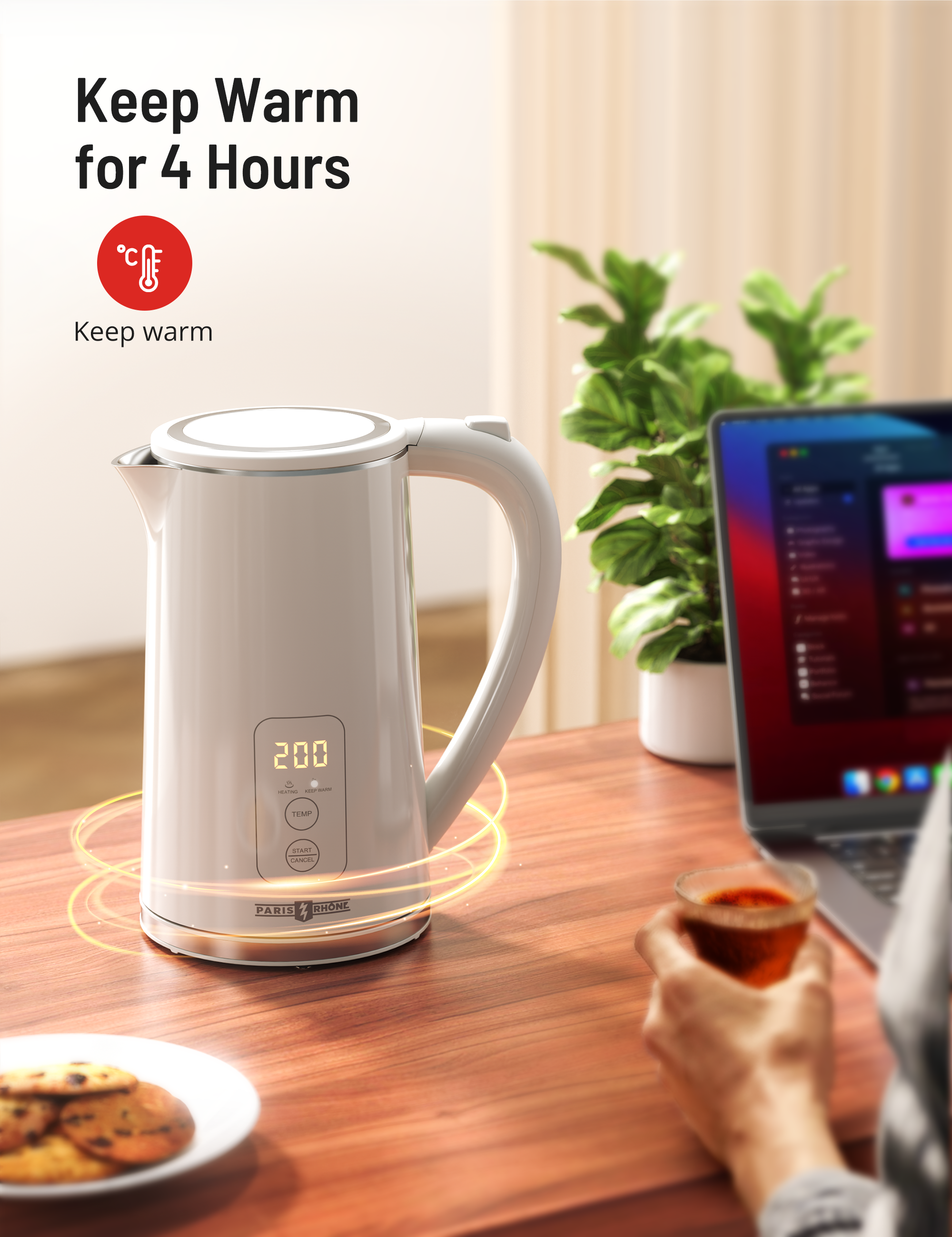 Electric Kettle Temperature Control, PE-EK022 1.7L Large Electric Tea Kettle, 4H Keep Warm Hot Water Boiler with 6 Presets, LED Screen Electric Kettles for Boiling Water, Boil-Dry Protection, BPA Free