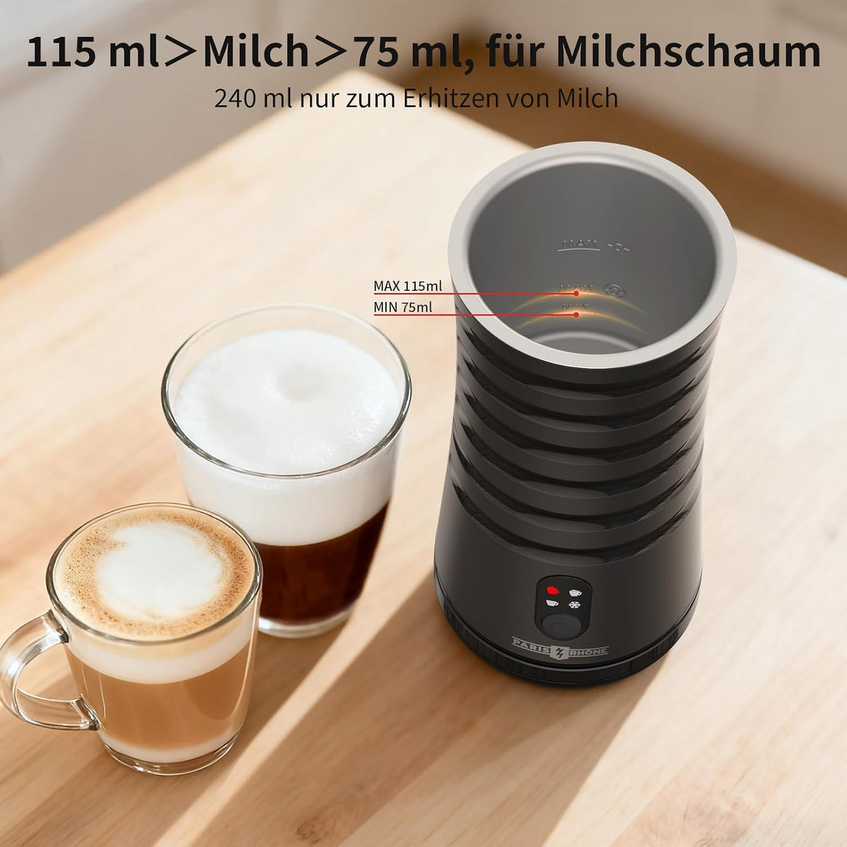 PARIS RHÔNE PE-MF010 Milchaufschäumer Elektrisch, 4 in 1 Automatische Milchschäumer Geeignet für Heißen und Kalten Milchschaum, Warme Milch, Sichtkochdeckel, Abschaltautomatik, Leichtgewichtig