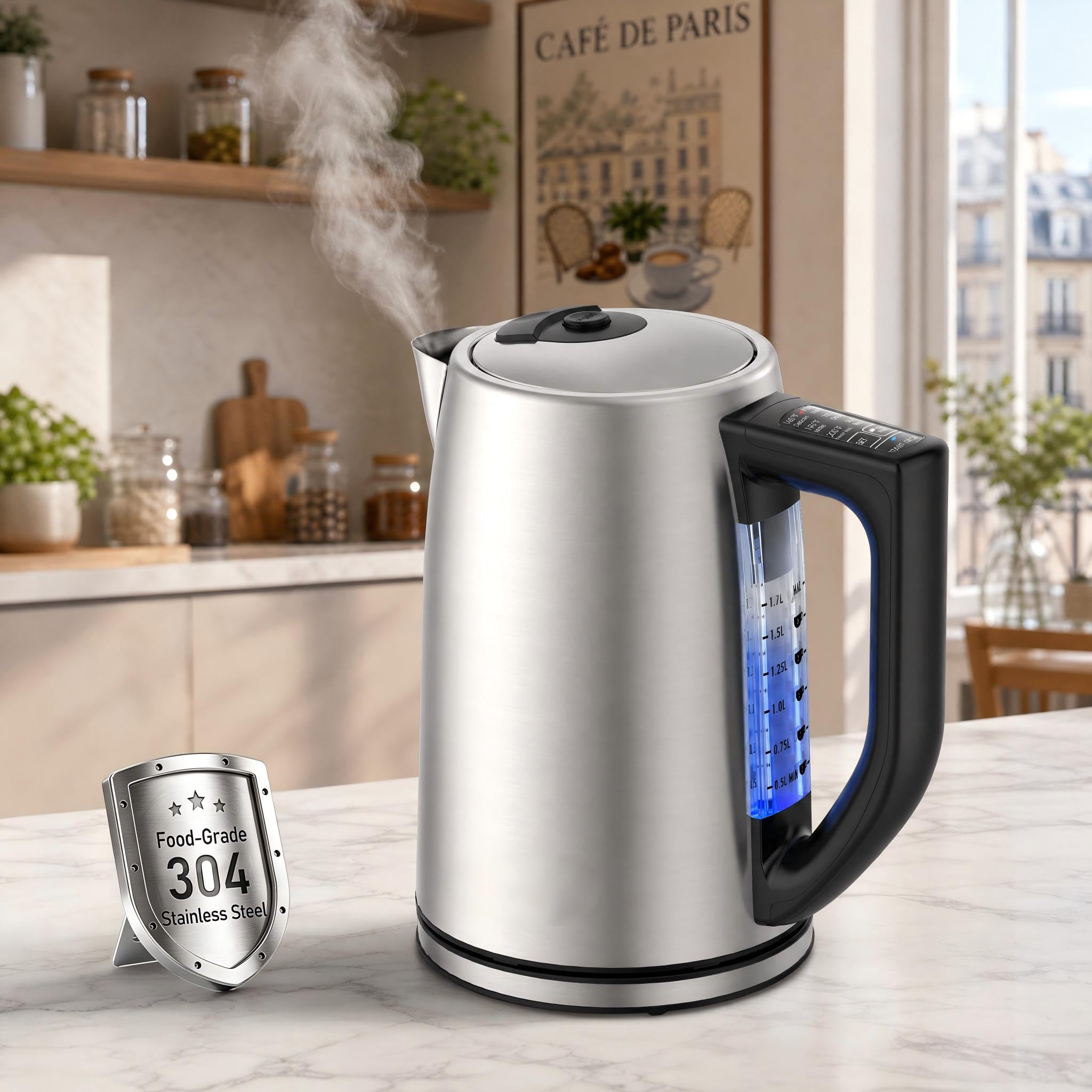 Airyoyo Electric Kettle Temperature Control, 1.7L Stainless Steel Electric Tea Kettle with 6 Presets, 1500W Fast Boiling Hot Water Kettle Electric, Keep Warm, Auto Shut Off, Boil Dry Protection