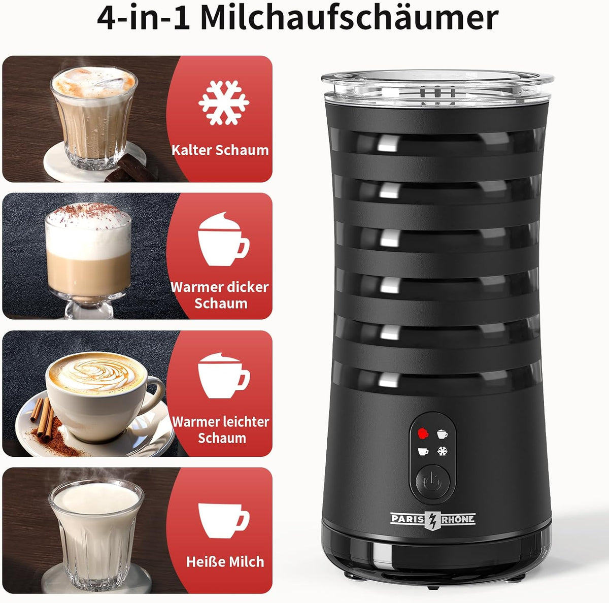PARIS RHÔNE PE-MF010 Milchaufschäumer Elektrisch, 4 in 1 Automatische Milchschäumer Geeignet für Heißen und Kalten Milchschaum, Warme Milch, Sichtkochdeckel, Abschaltautomatik, Leichtgewichtig