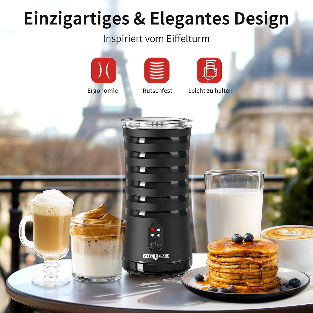 PARIS RHÔNE PE-MF010 Milchaufschäumer Elektrisch, 4 in 1 Automatische Milchschäumer Geeignet für Heißen und Kalten Milchschaum, Warme Milch, Sichtkochdeckel, Abschaltautomatik, Leichtgewichtig
