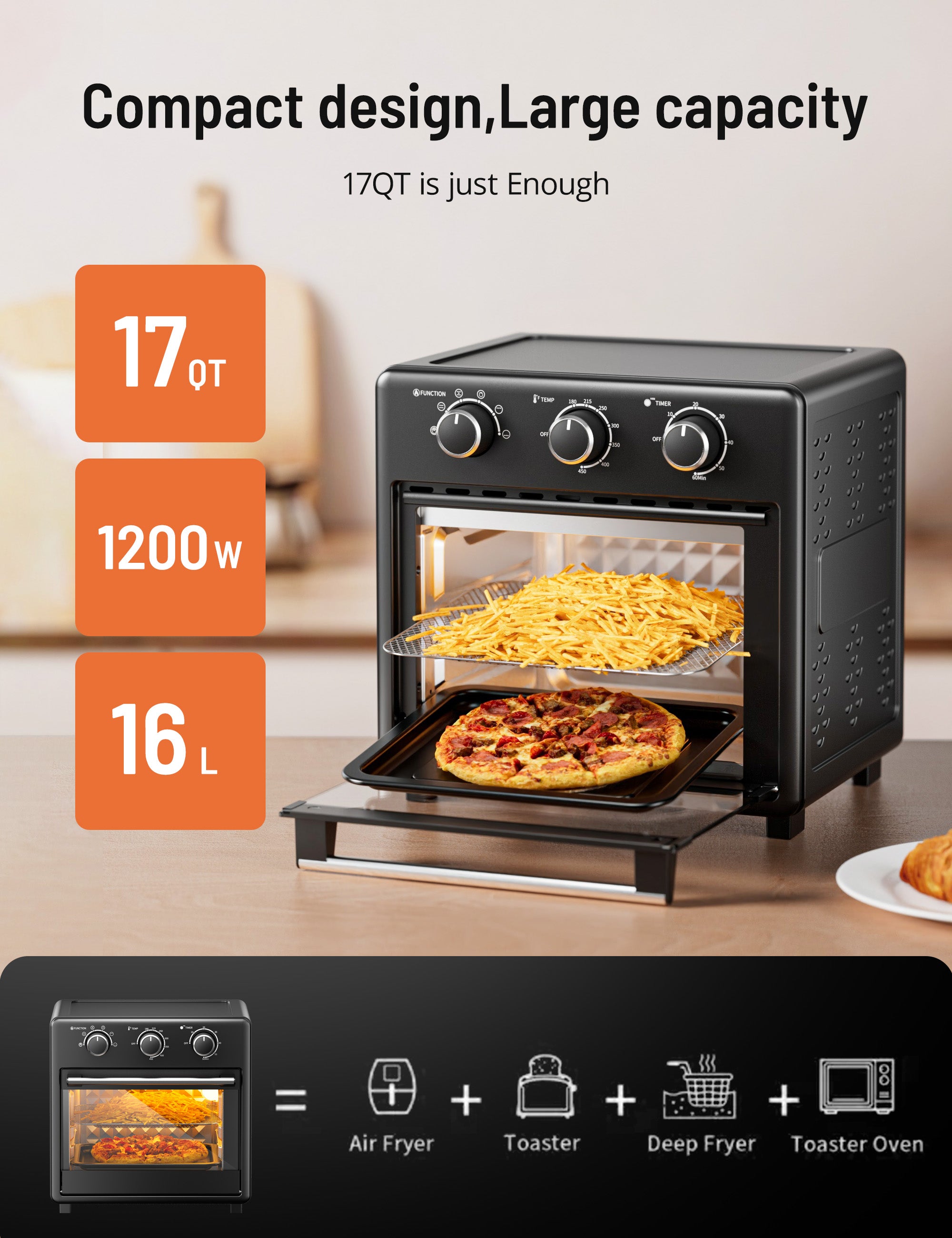 Paris Rhône Air Fryer Toaster Oven AF002，17QT Convection Oven, 11-in-1 Steam Oven, Oven Oil-less Cooker with Rotisserie Shaft