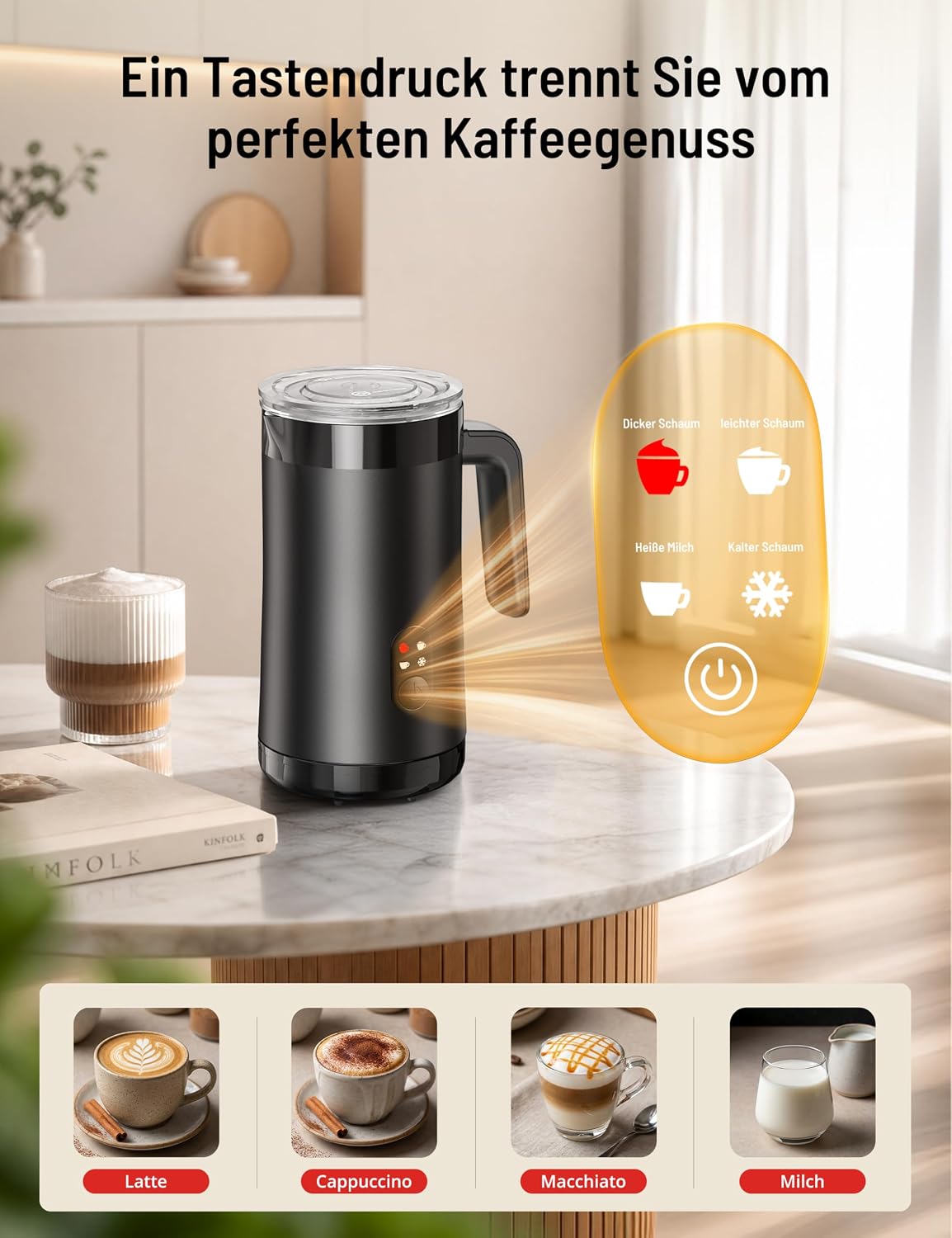 PARIS RHÔNE PE-MF006 Elektrischer Milchaufschäumer 400ml, Griffdesign Barista-Qualität für Zuhause, 4-in-1 für Kalten & Heißen Schaum, Edelstahl, Flüsterleise, Sicherheitsabschaltung