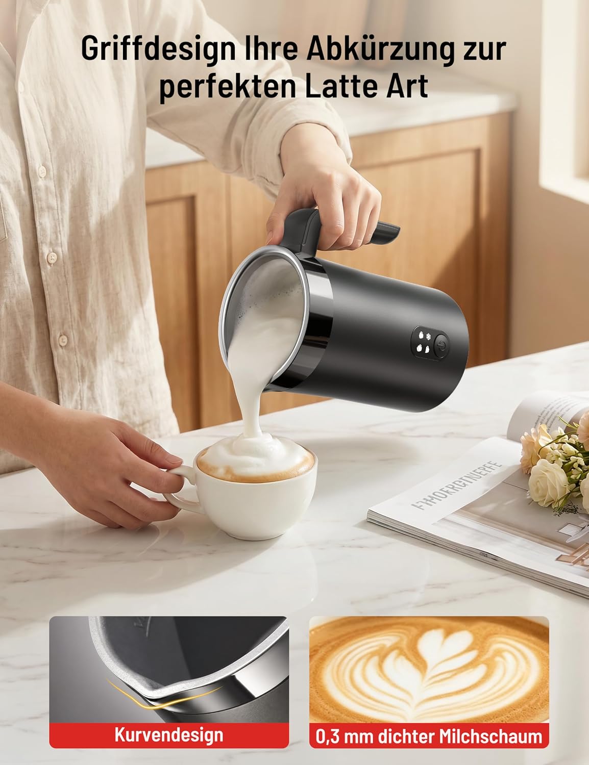 PARIS RHÔNE PE-MF006 Elektrischer Milchaufschäumer 400ml, Griffdesign Barista-Qualität für Zuhause, 4-in-1 für Kalten & Heißen Schaum, Edelstahl, Flüsterleise, Sicherheitsabschaltung