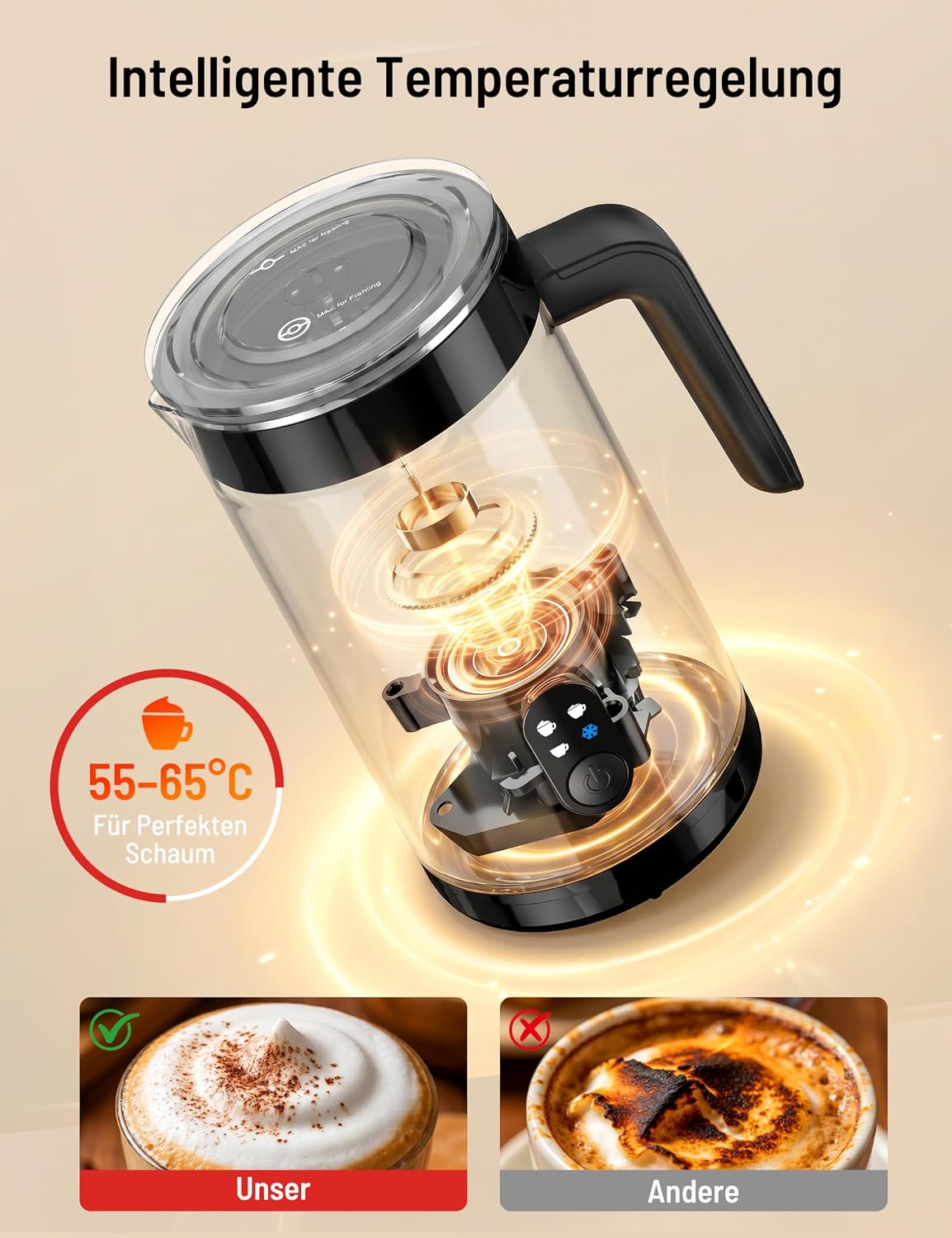 PARIS RHÔNE PE-MF006 Elektrischer Milchaufschäumer 400ml, Griffdesign Barista-Qualität für Zuhause, 4-in-1 für Kalten & Heißen Schaum, Edelstahl, Flüsterleise, Sicherheitsabschaltung