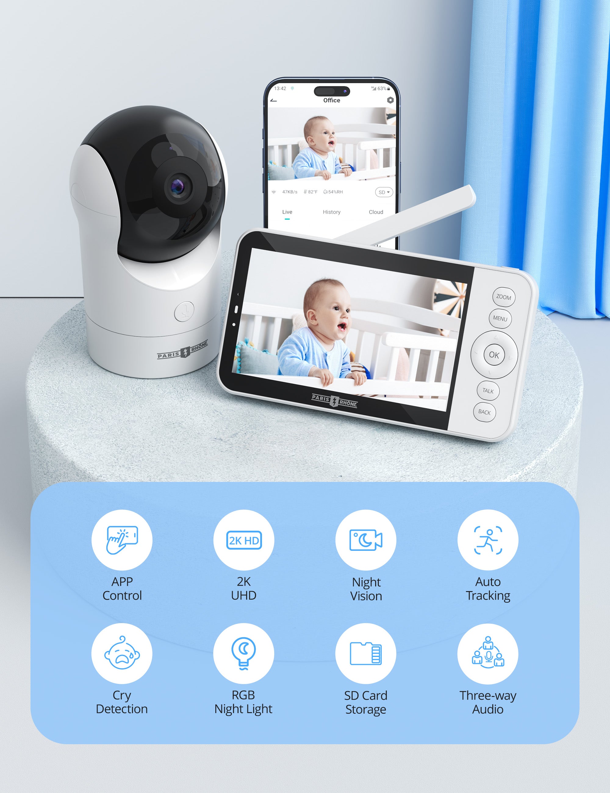 Paris rhone 2K HD video baby monitor with smart app