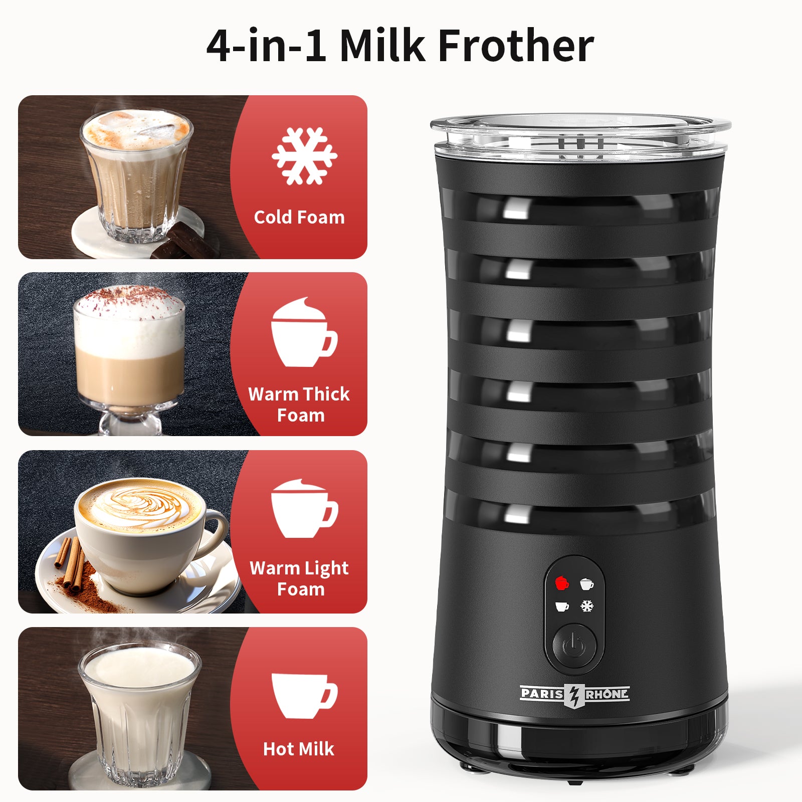 Paris Rhône 4-in-1 Electric Milk Frother MF010, Coffee Frother