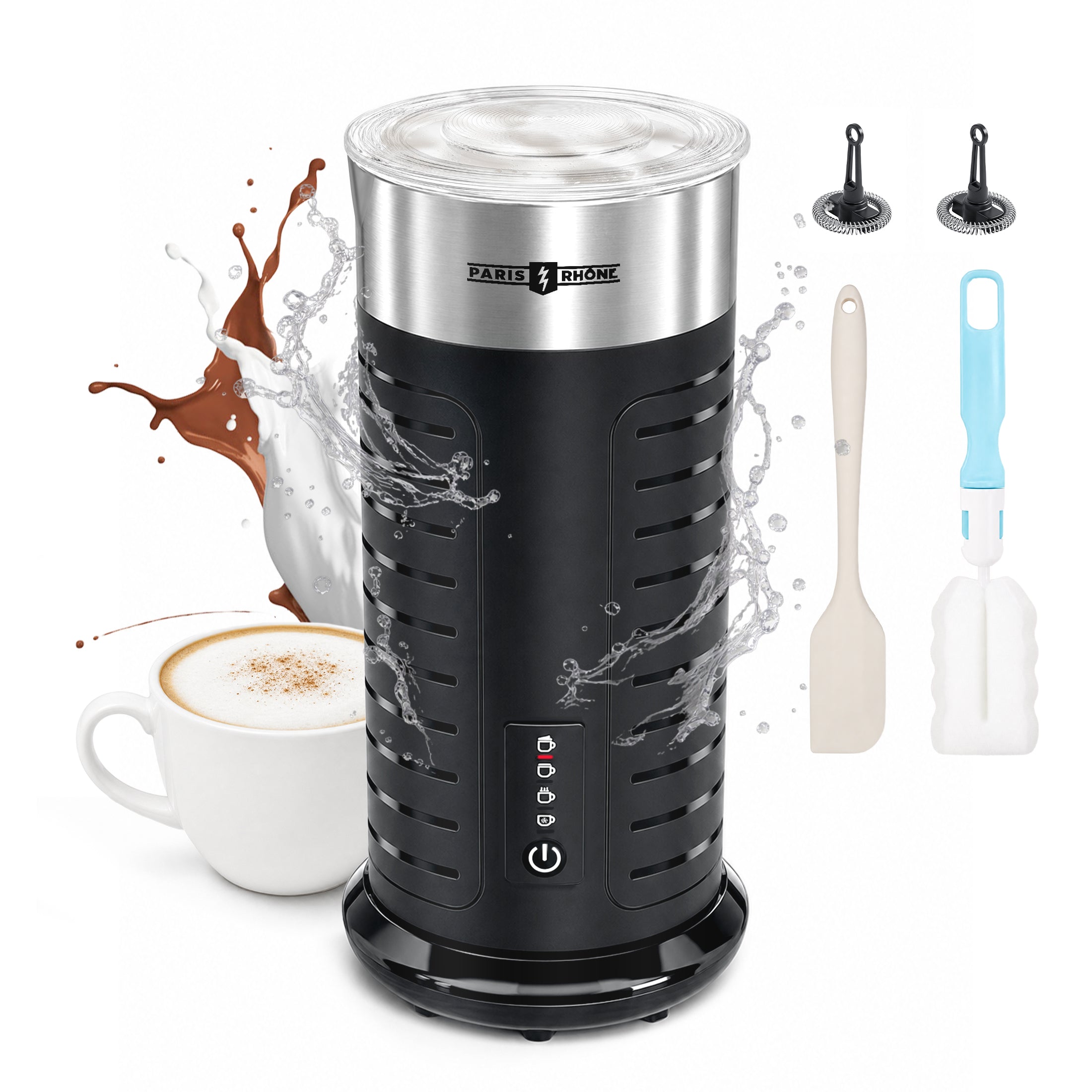 PARIS RHÔNE Waterproof Milk Frother, Electric 4-in-1 Hot/Cold Foam Maker, Dishwasher Safe | Milk Steamer & Warmer for Latte Cappuccino | 2 Whisks | Auto Shut-Off | Stainless Steel