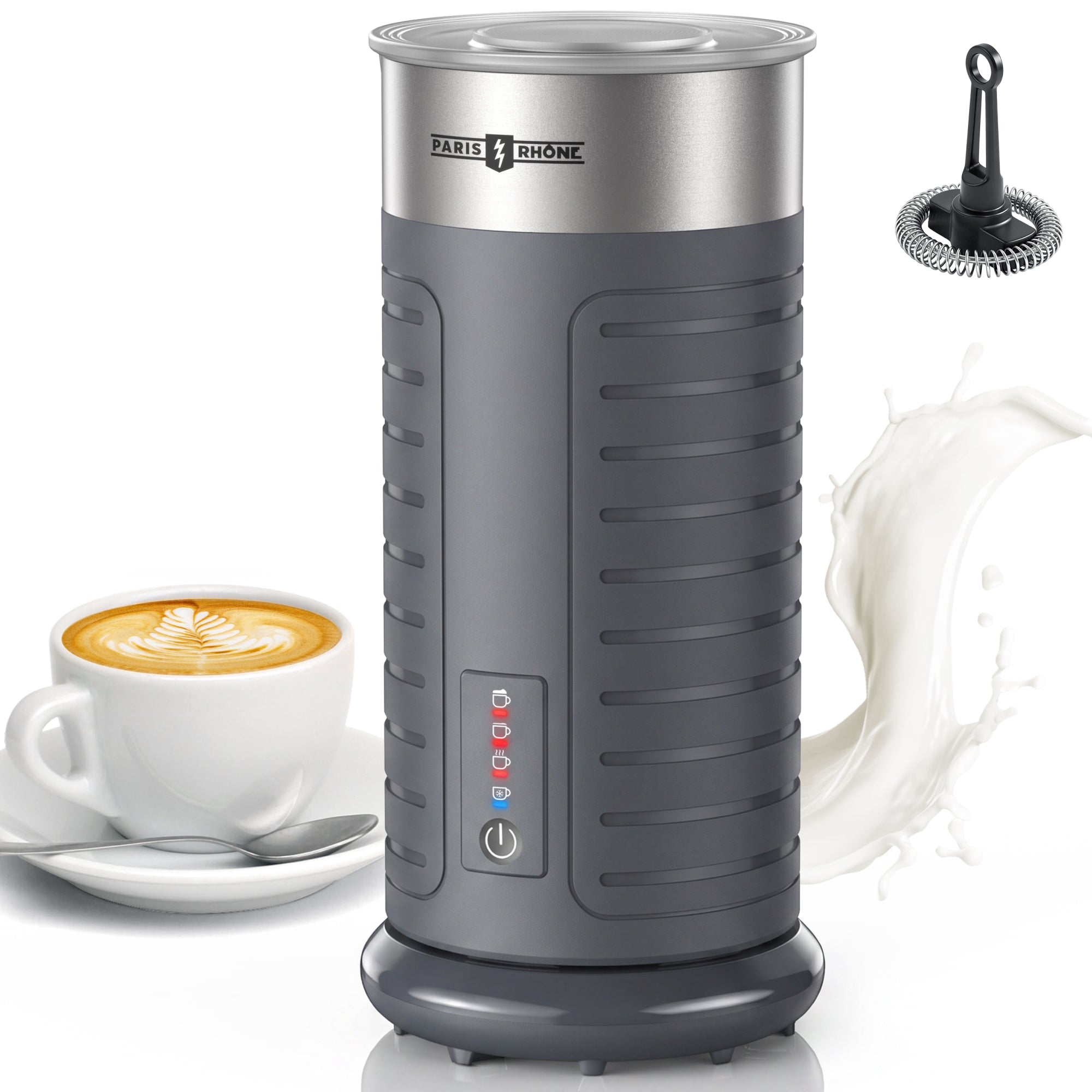 Stainless Steel MF017 Milk Frother, Waterproof & Fully Dishwasher Safe, 4 Modes for Hot/Cold Foam, Latte, Cappuccino, One-Touch Operation, Ergonomic Grip, Compact Coffee Maker