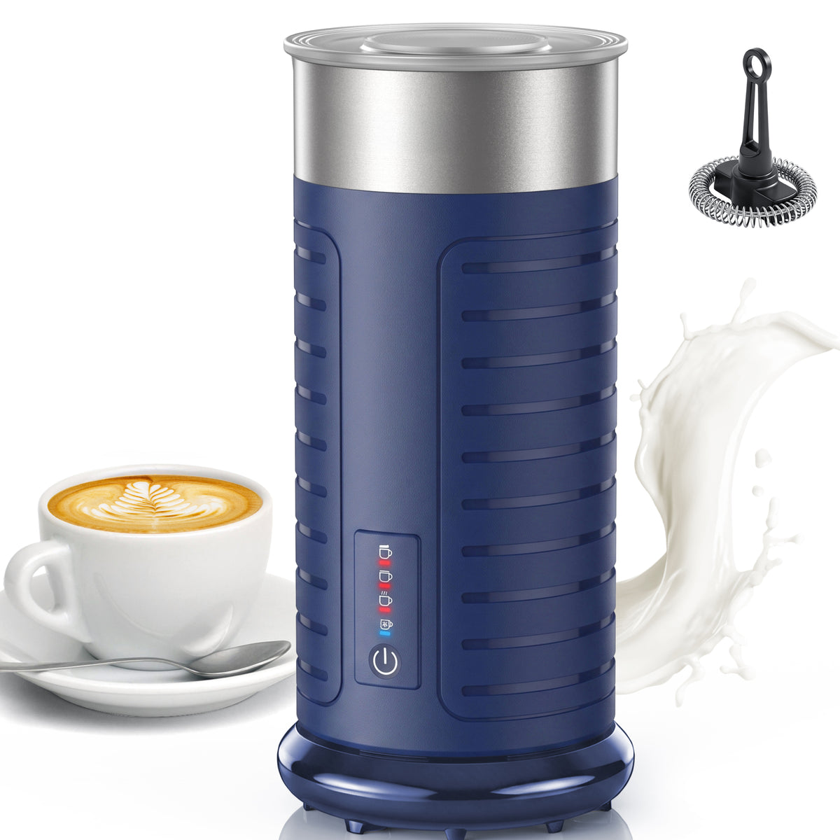 Stainless Steel MF017 Milk Frother, Waterproof & Fully Dishwasher Safe, 4 Modes for Hot/Cold Foam, Latte, Cappuccino, One-Touch Operation, Ergonomic Grip, Compact Coffee Maker