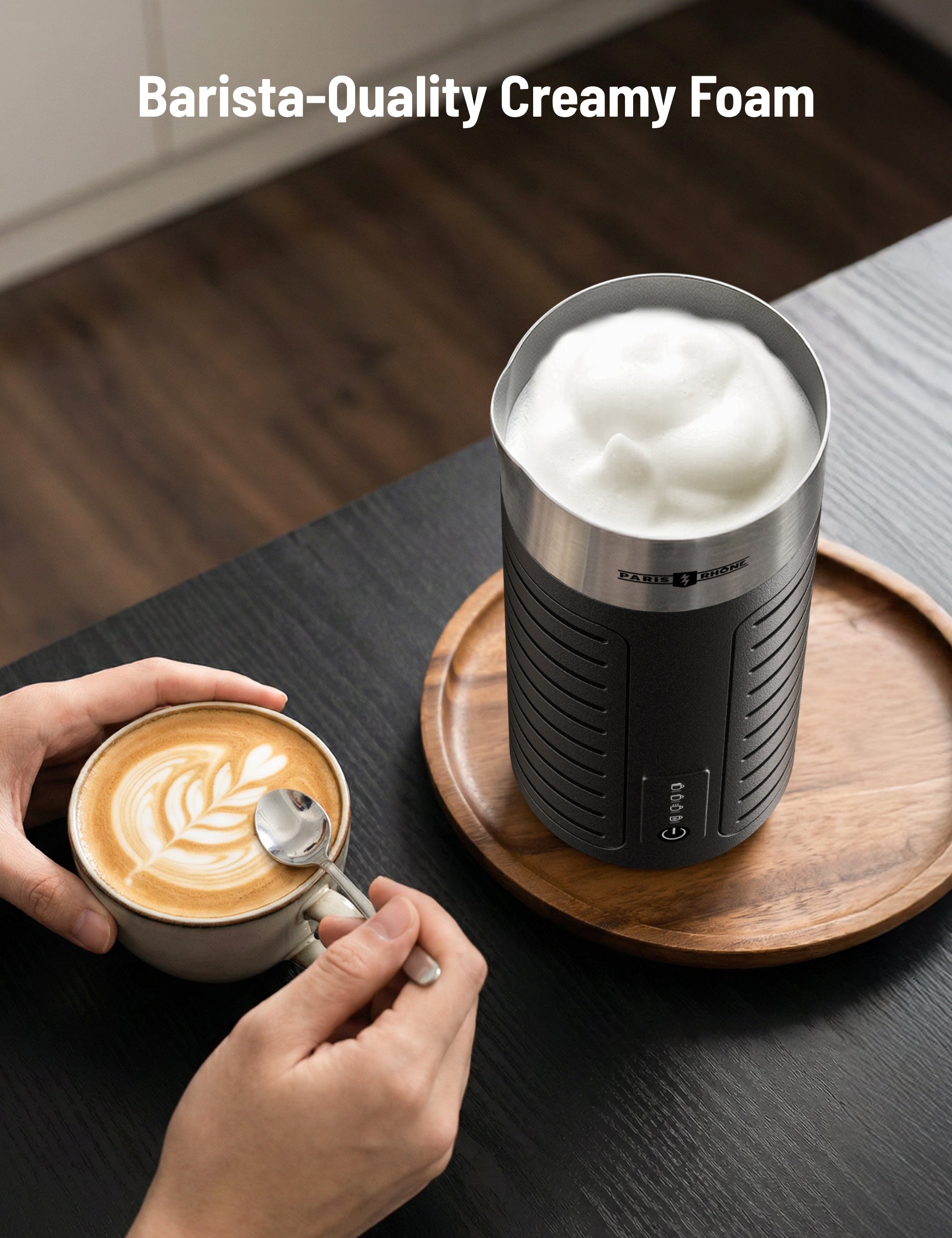 Stainless Steel Milk Frother, Waterproof & Fully Dishwasher Safe, 4 Modes for Hot/Cold Foam, Latte, Cappuccino, One-Touch Operation, Ergonomic Grip, Compact Coffee Maker
