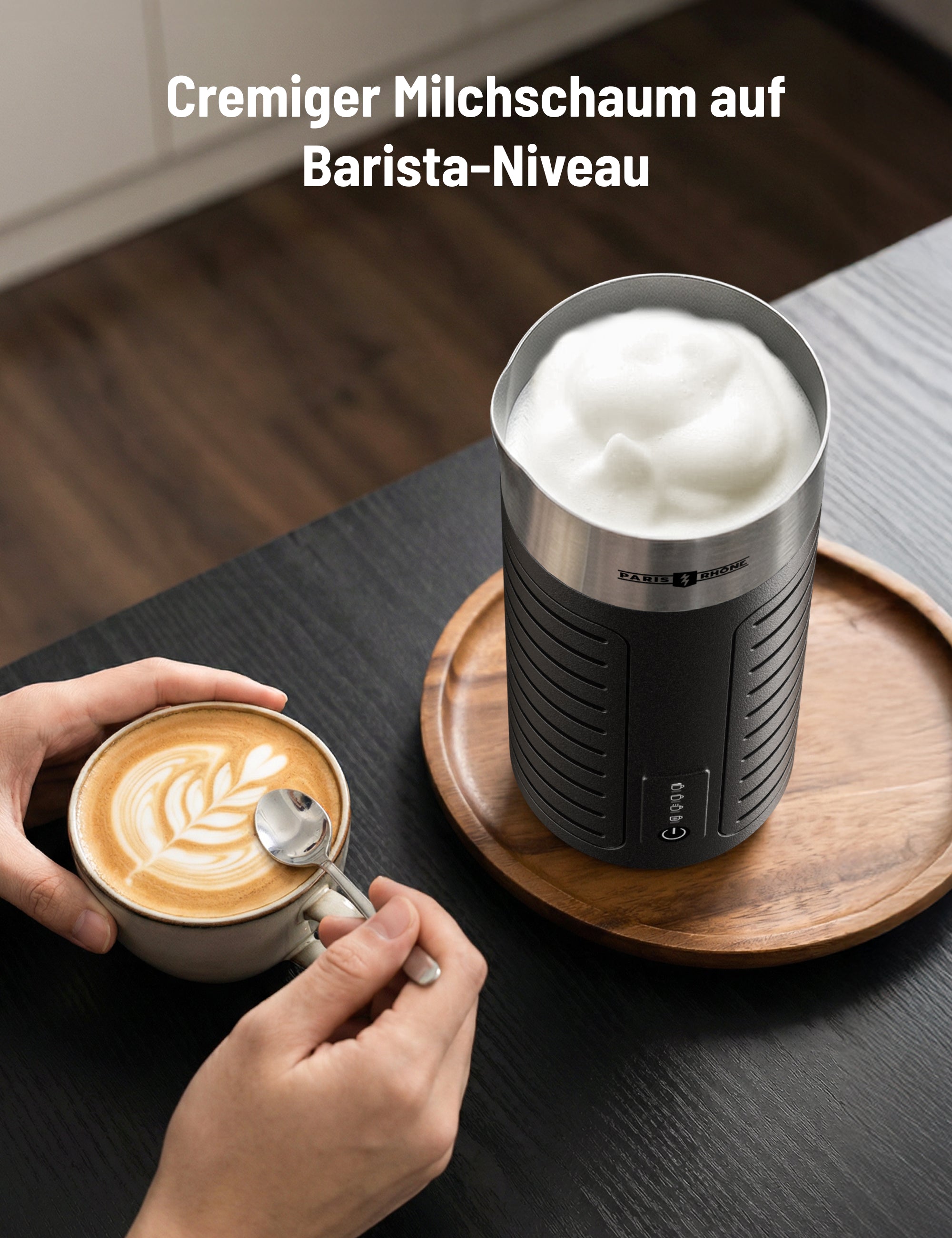PARIS RHÔNE Waterproof Milk Frother, Electric 4-in-1 Hot/Cold Foam Maker, Dishwasher Safe | Milk Steamer & Warmer for Latte Cappuccino | 2 Whisks | Auto Shut-Off | Stainless Steel