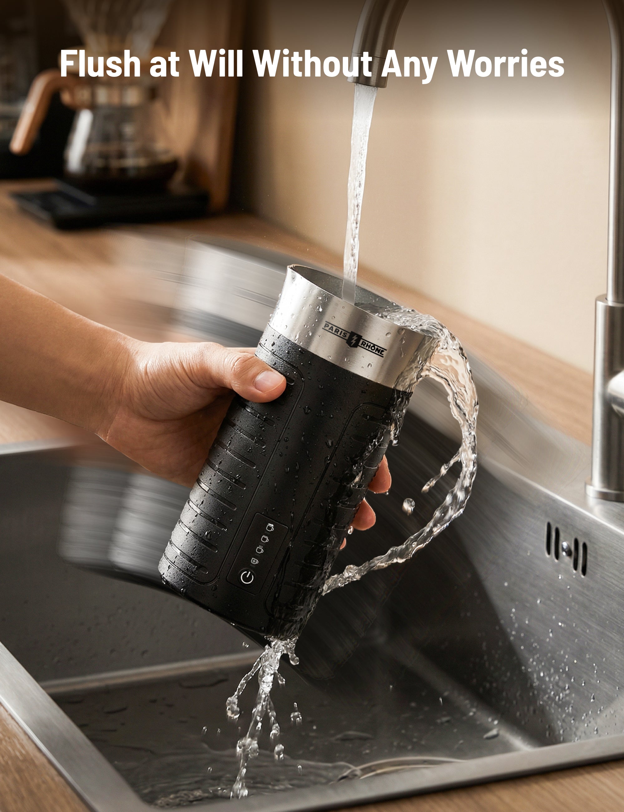 Stainless Steel Milk Frother, Waterproof & Fully Dishwasher Safe, 4 Modes for Hot/Cold Foam, Latte, Cappuccino, One-Touch Operation, Ergonomic Grip, Compact Coffee Maker