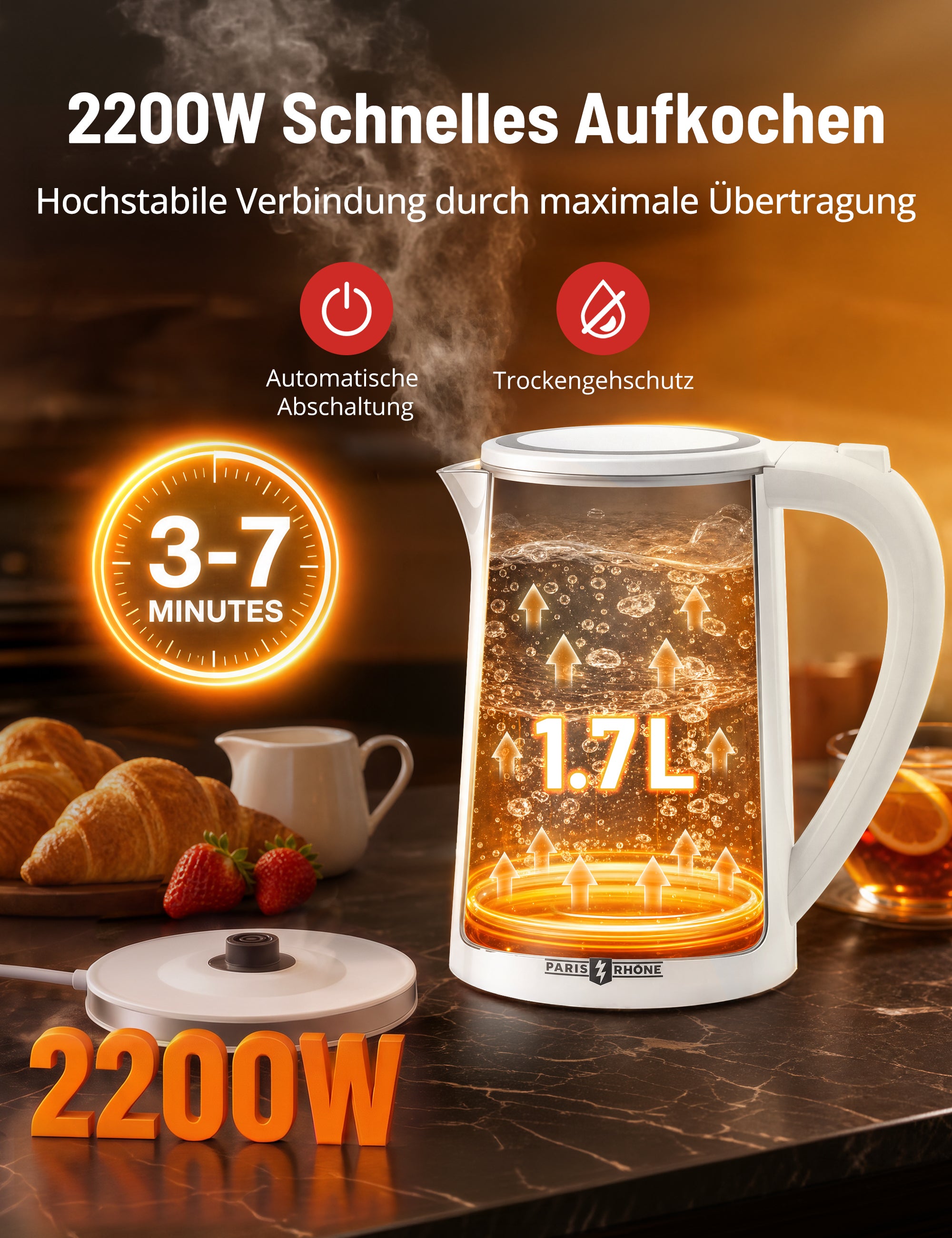 PARIS RHÔNE PE-EK022 Wasserkocher mit Temperatureinstellung, 1,7L Wasserkocher, 
6 Voreinstellungen, 4H Warmhaltefunktion & 2200W Schnellheizung, LED-Temperaturanzeige, Edelstahl Innenraum, Trockengehschutz 