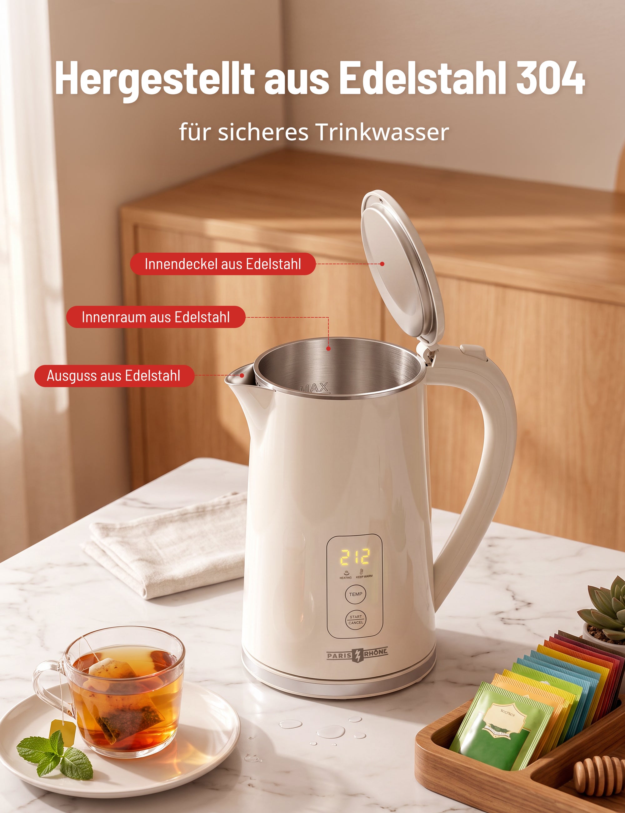 PARIS RHÔNE PE-EK022 Wasserkocher mit Temperatureinstellung, 1,7L Wasserkocher, 
6 Voreinstellungen, 4H Warmhaltefunktion & 2200W Schnellheizung, LED-Temperaturanzeige, Edelstahl Innenraum, Trockengehschutz 
