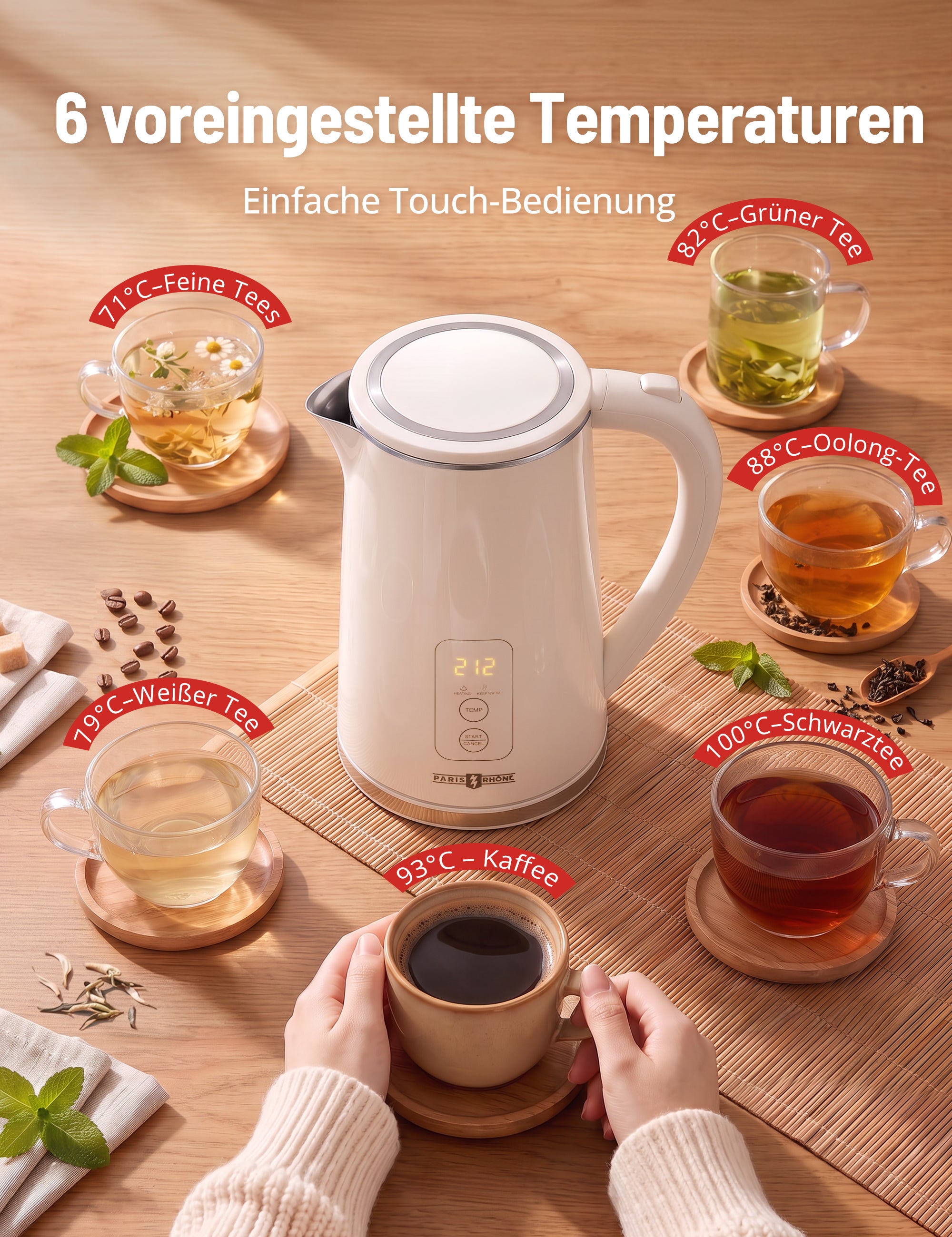 PARIS RHÔNE PE-EK022 Wasserkocher mit Temperatureinstellung, 1,7L Wasserkocher, 
6 Voreinstellungen, 4H Warmhaltefunktion & 2200W Schnellheizung, LED-Temperaturanzeige, Edelstahl Innenraum, Trockengehschutz 