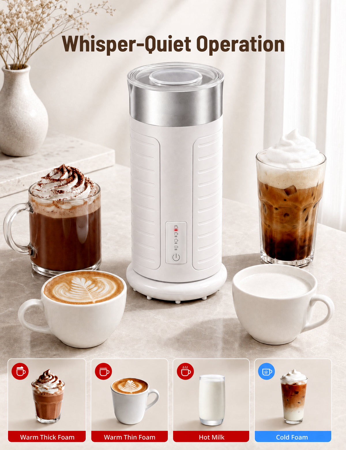 Mirdred  Stainless Steel MF017 Milk Frother, Waterproof & Fully Dishwasher Safe, 4 Modes for Hot/Cold Foam, Latte, Cappuccino, One-Touch Operation, Ergonomic Grip, Compact Coffee Maker